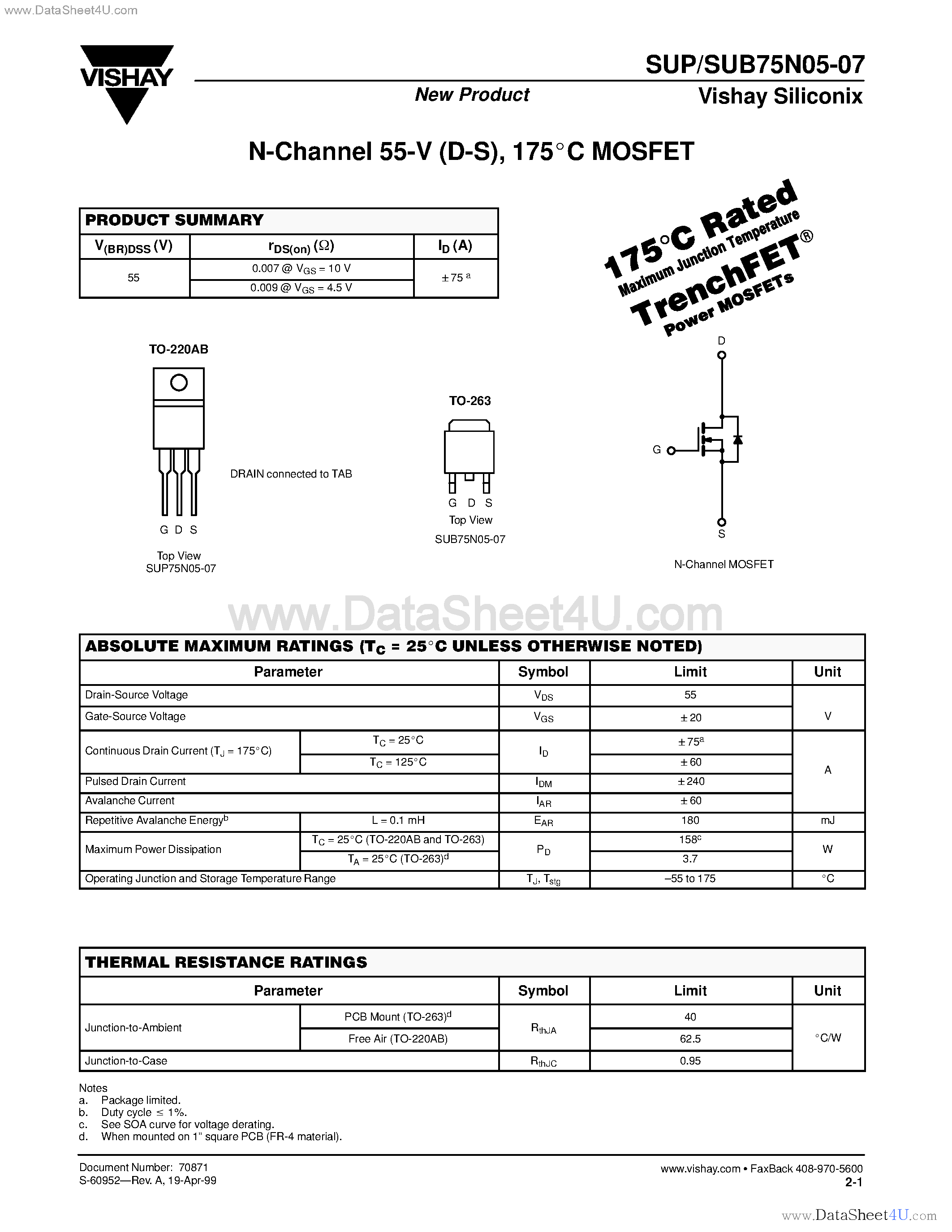 Datasheet SUB75N05-07 - N-Channel MOSFET page 1