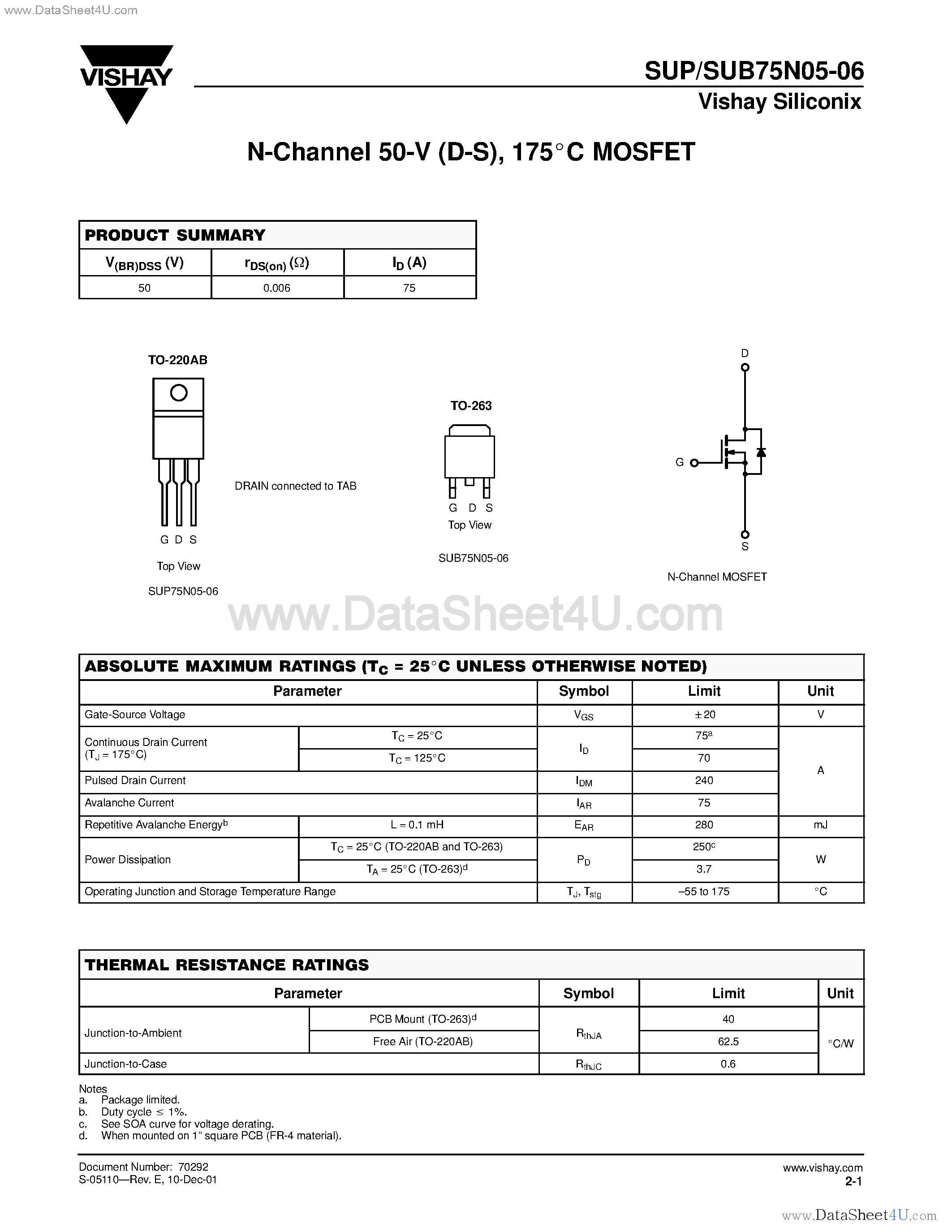 Datasheet SUB75N05-06 page 1 Datasheet SUB75N05-06 - N-Channel MOSFET page 1
