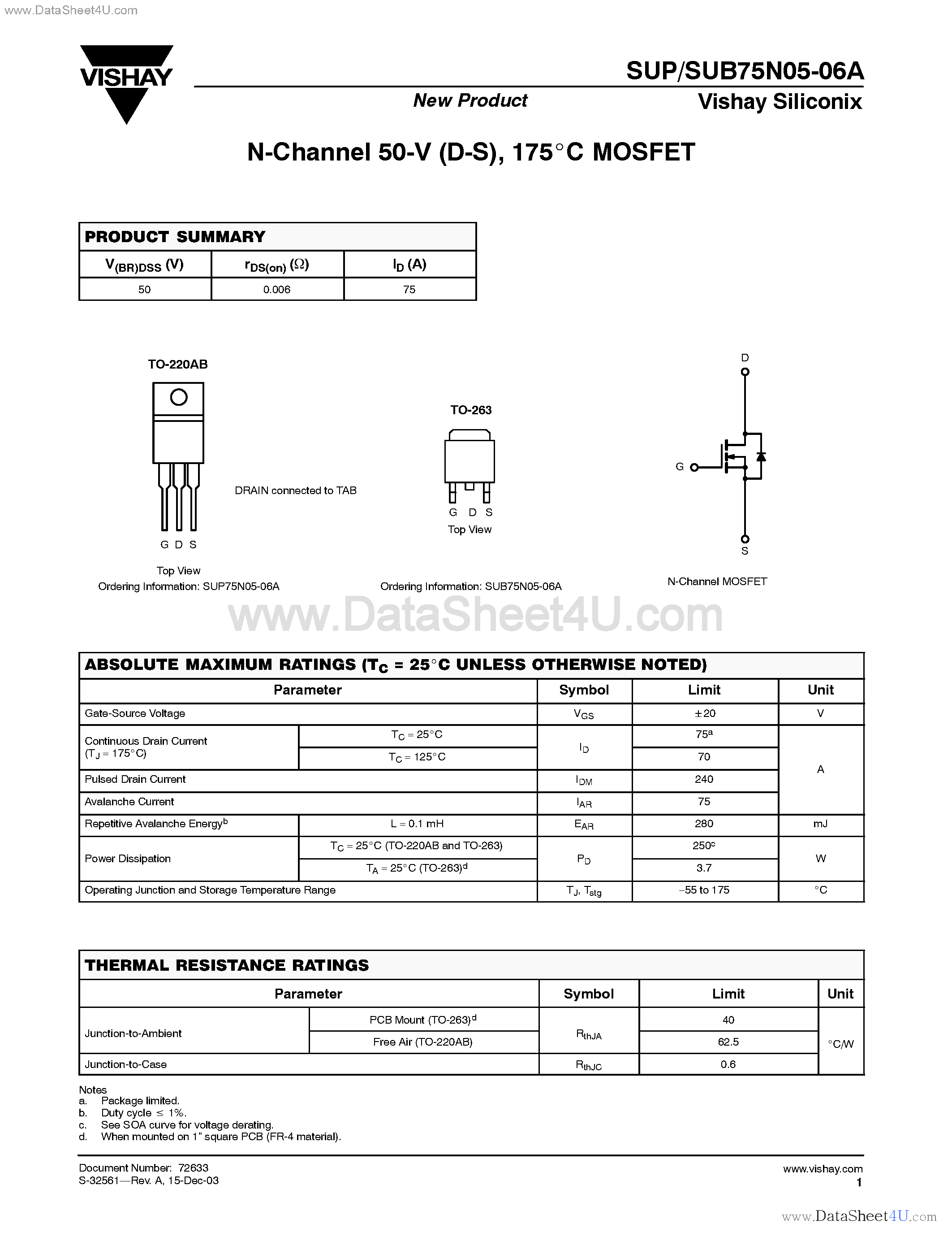 Datasheet SUB75N05-06A page 1 Datasheet SUB75N05-06A - N-Channel MOSFET page 1