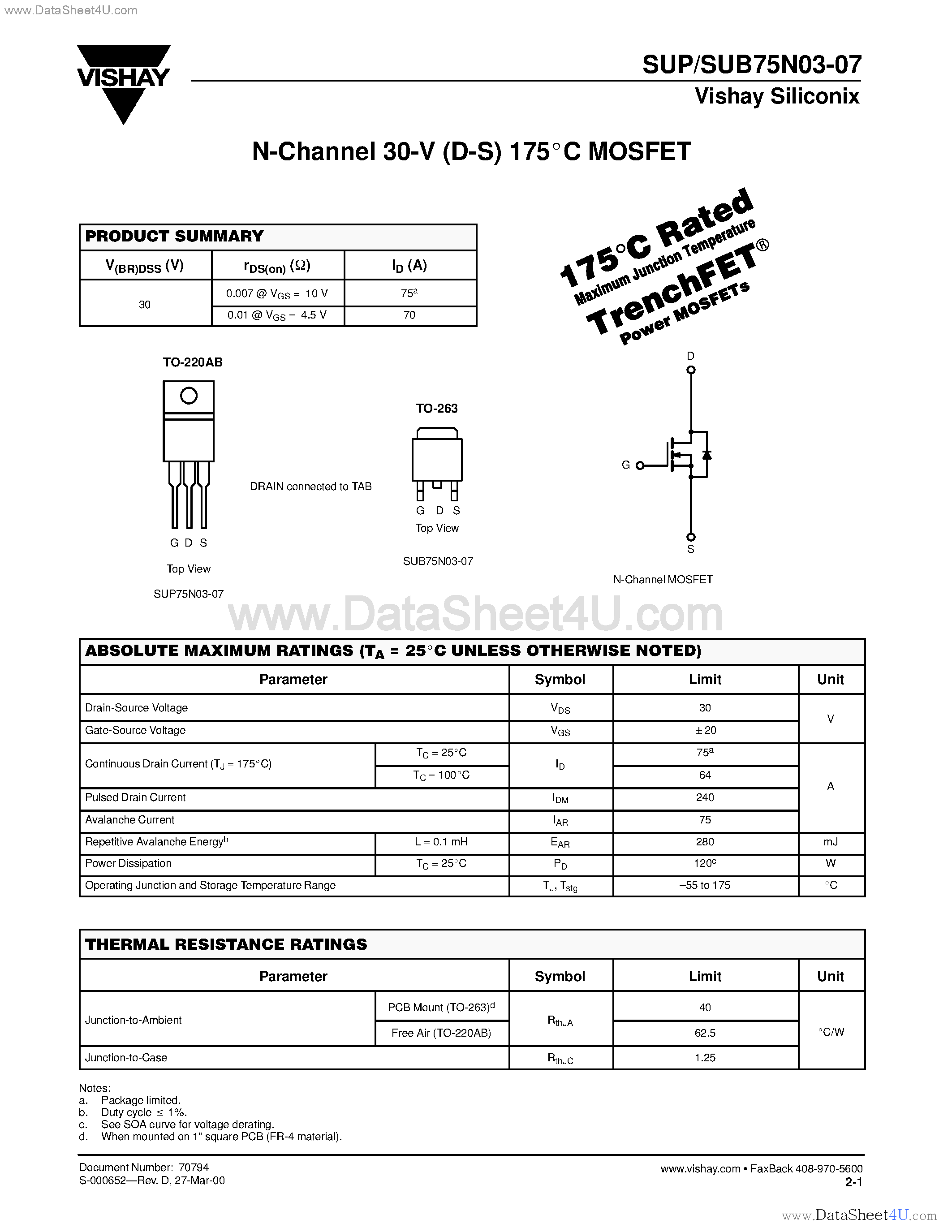 Datasheet SUB75N03-07 - N-Channel MOSFET page 1
