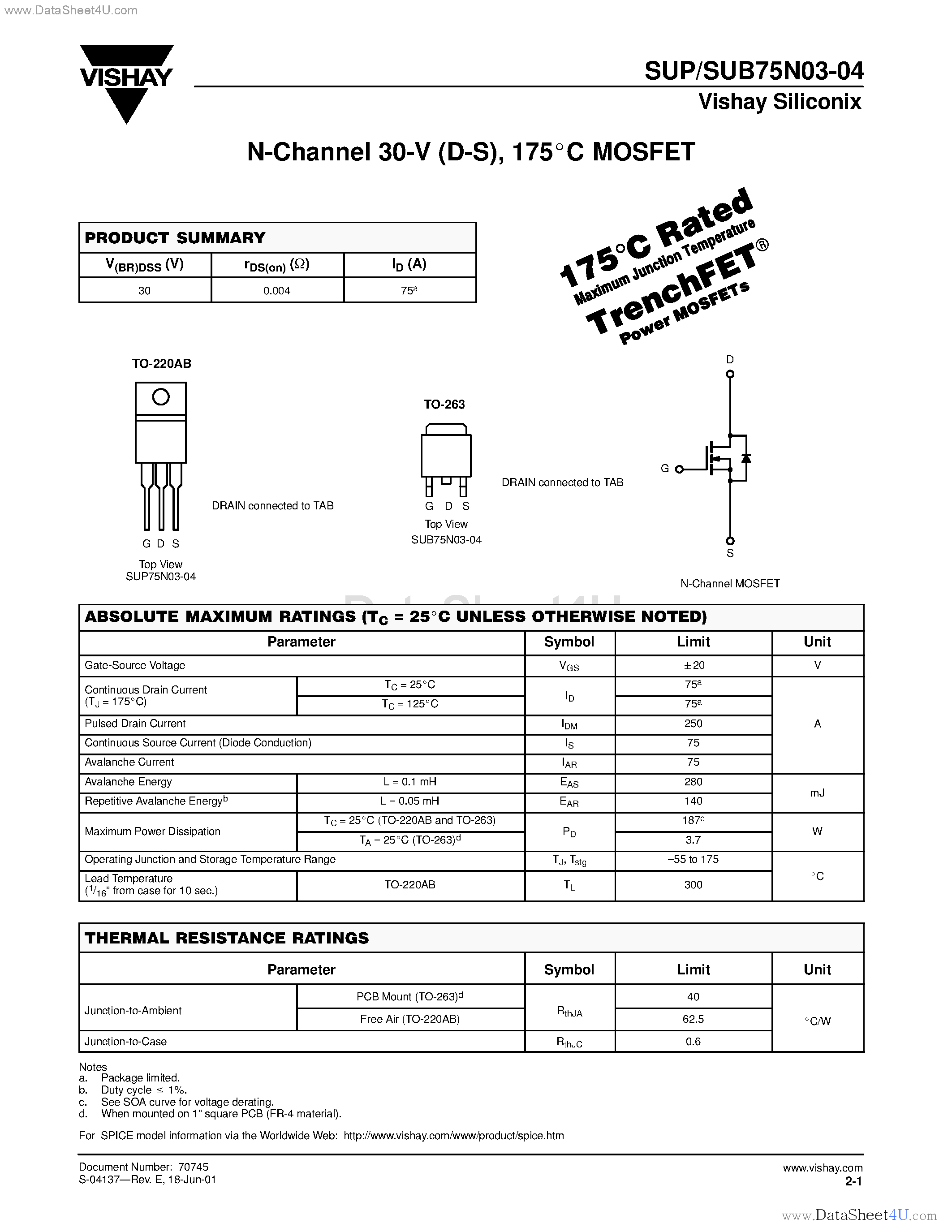 Datasheet SUB75N03-04 page 1 Datasheet SUB75N03-04 - N-Channel MOSFET page 1