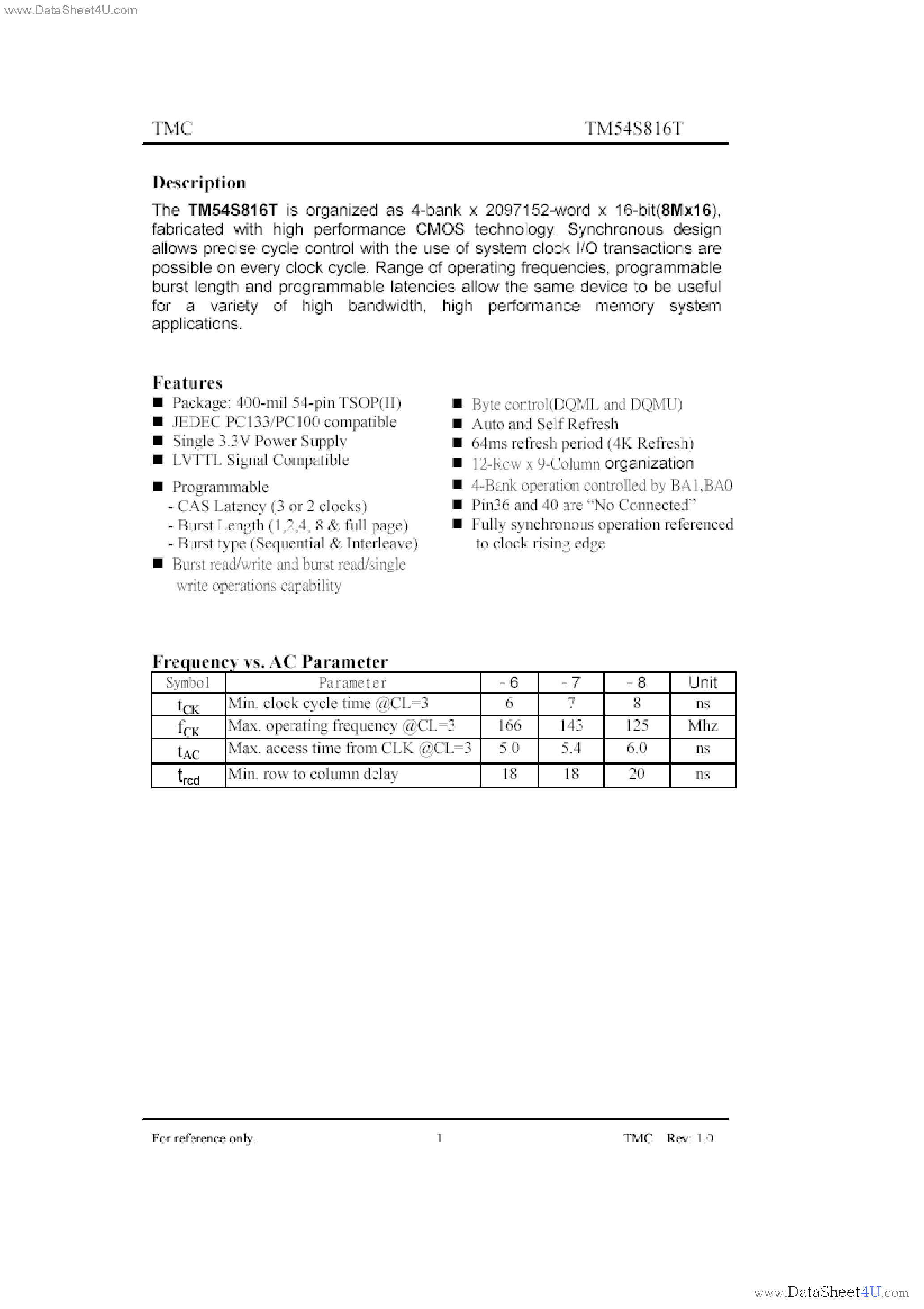Datasheet TM54S816T - Organized as 4-blank x 2097152-word x 16-bit(8Mx16) page 1