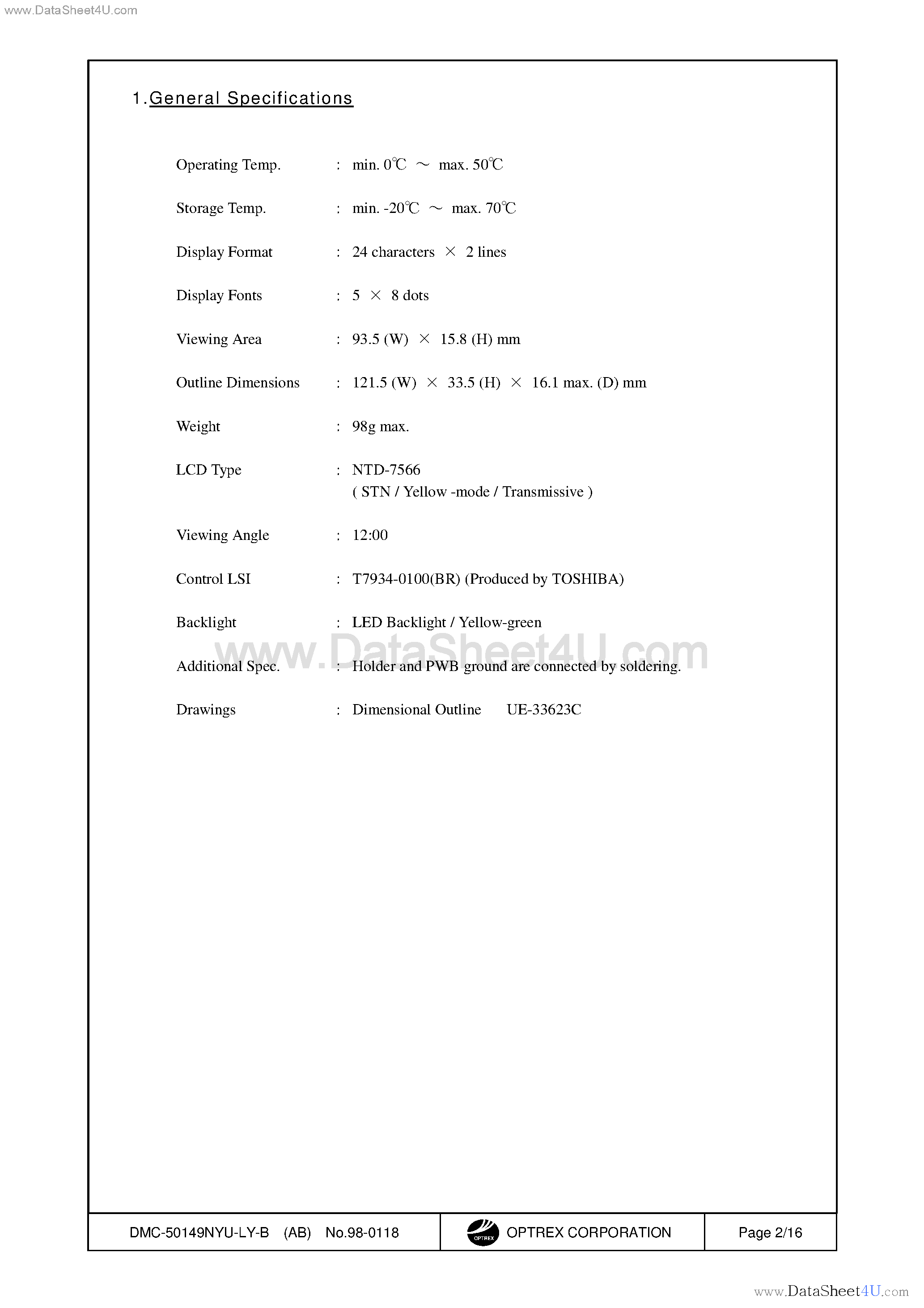 Datasheet DMC-50149NYU-LY-B page 2 Datasheet DMC-50149NYU-LY-B - LCD Module page 2