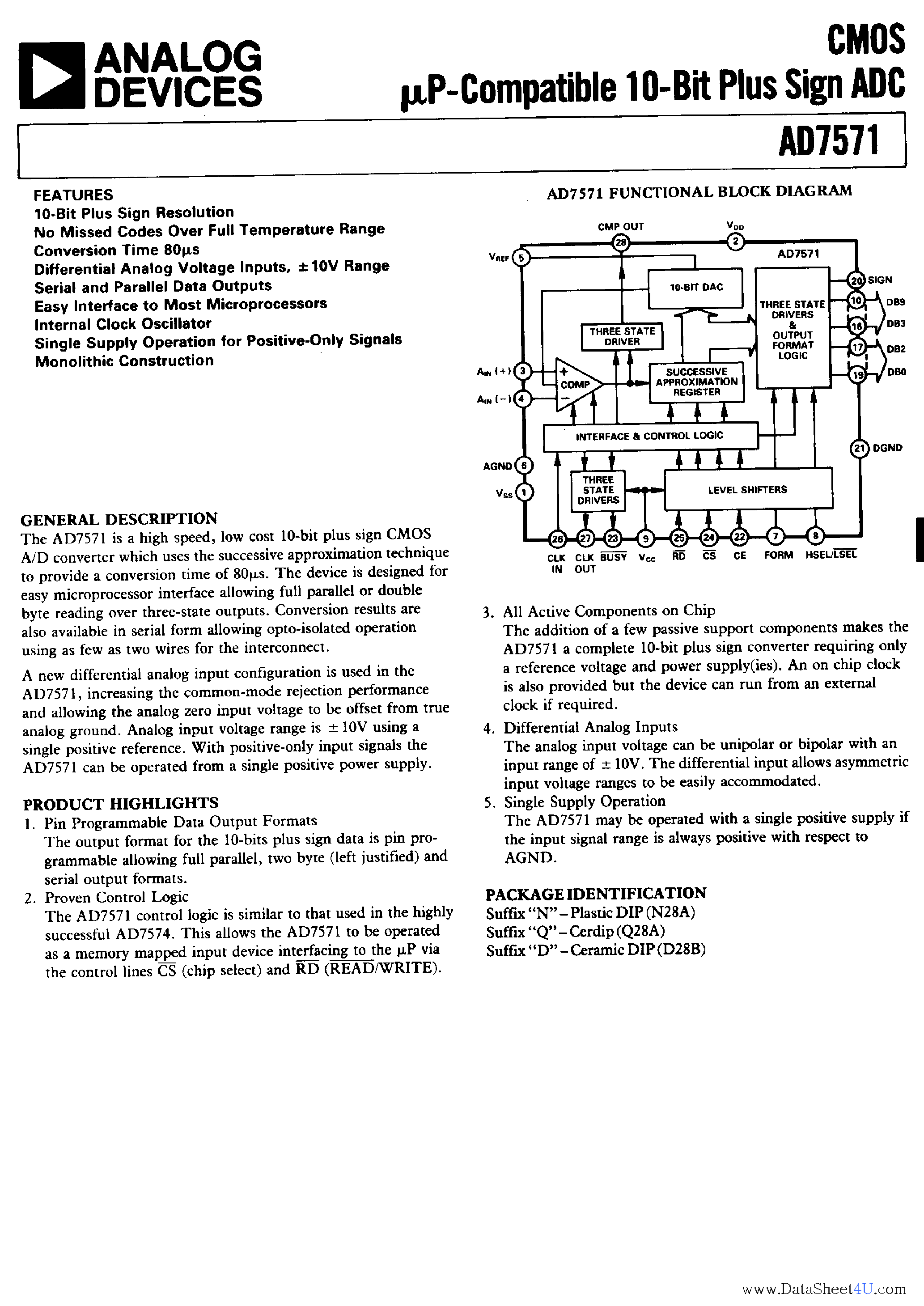 Datasheet AD7571 - CMOS uP-Compatible 10-Bit Plus Sign ADC page 1