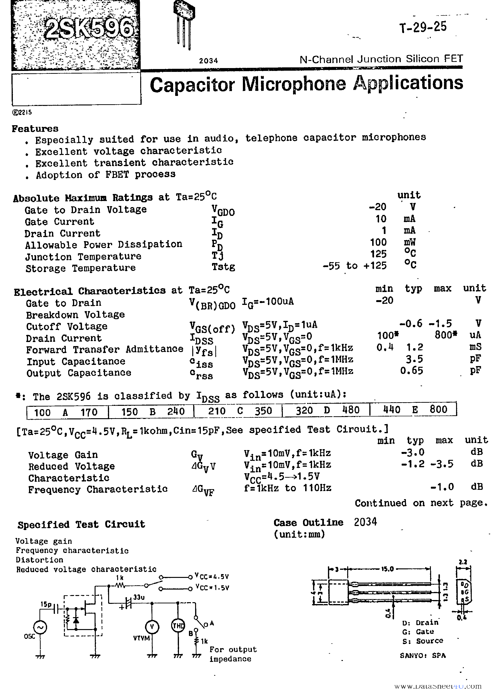 Datasheet 2SK596 page 1 Datasheet 2SK596 - CAPACITOR MICROPHONE APPLICATIONS page 1