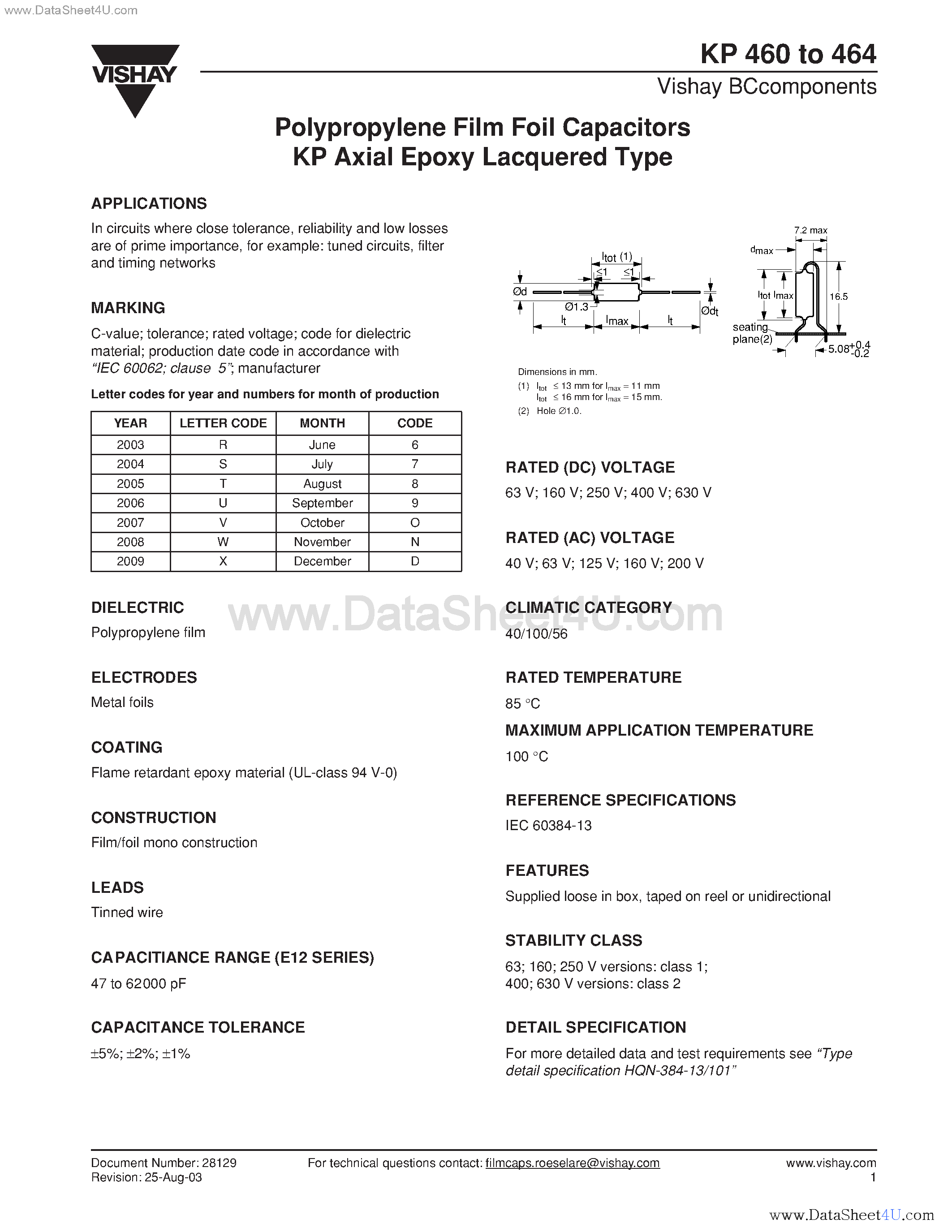 Datasheet KP460 - (KP460 - KP464) Polypropylene Film Foil Capacitors KP Axial Epoxy Lacquered Type page 1
