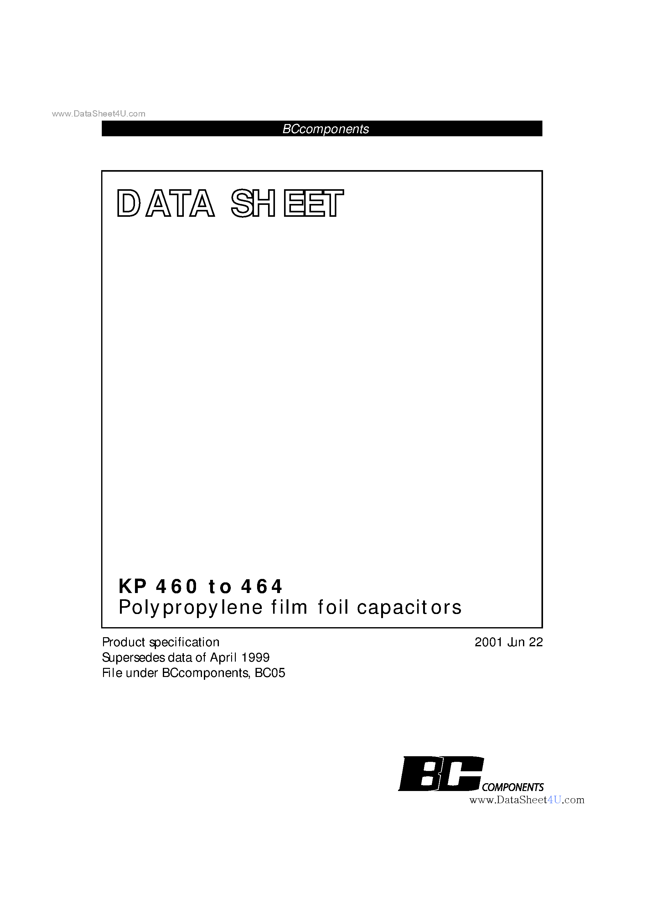 Datasheet KP460 - (KP460 - KP464) Polypropylene film foil capacitors page 1