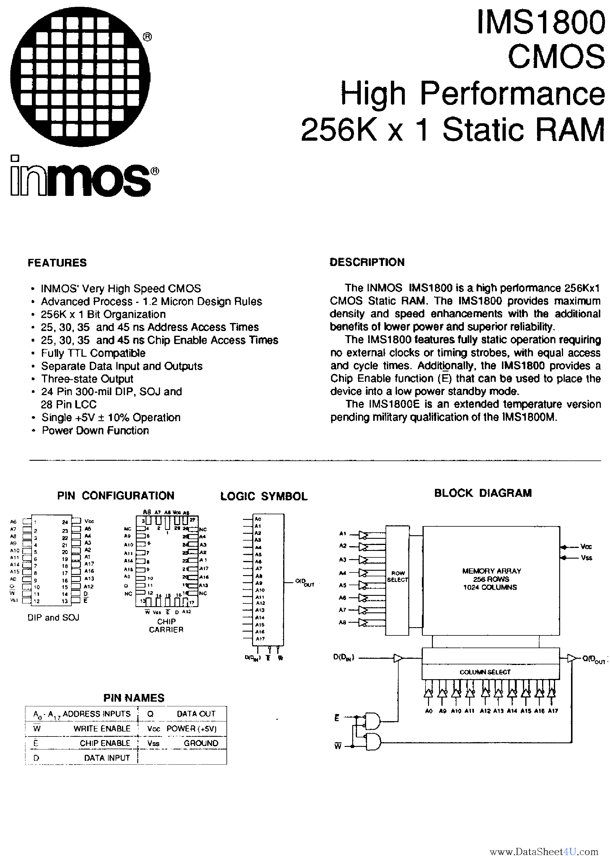 Datasheet IMS1800 page 1 Datasheet IMS1800 - CMOS High Performance 256K x 1 Static RAM page 1