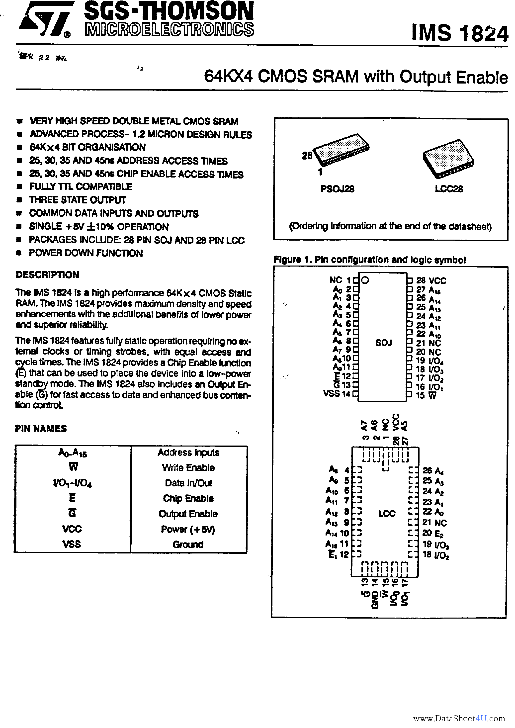 Даташит IMS1824 - 64K x 4 CMOS SRAM страница 1