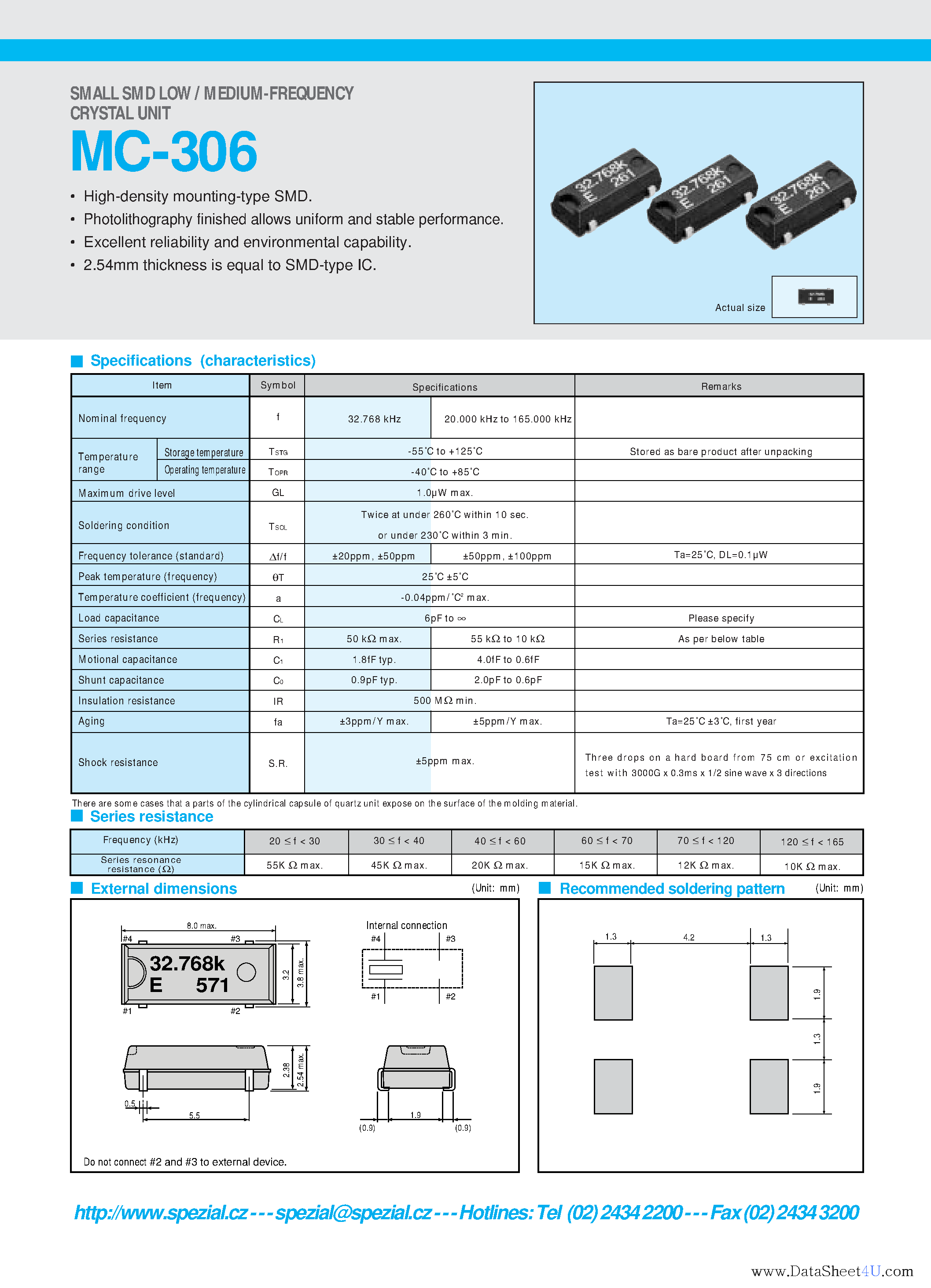 Даташит MC306 - SMALL SMD LOW / MEDIUM-FREQUENCY CRYSTAL UNIT страница 1
