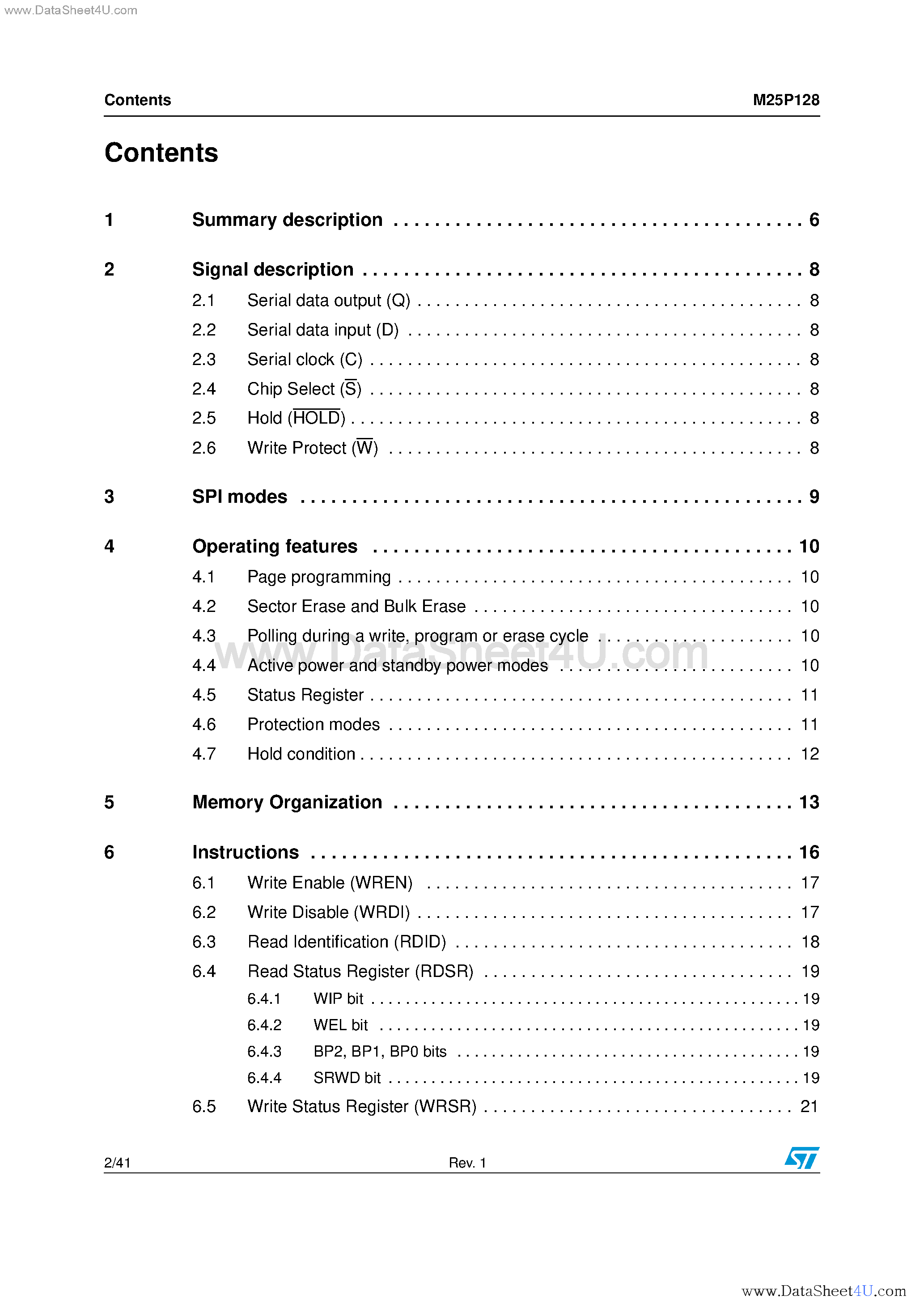 Datasheet M25P128 - 128 Mbit (Multilevel) Low Voltage Serial Flash Memory With 50MHz SPI Bus Interface page 2