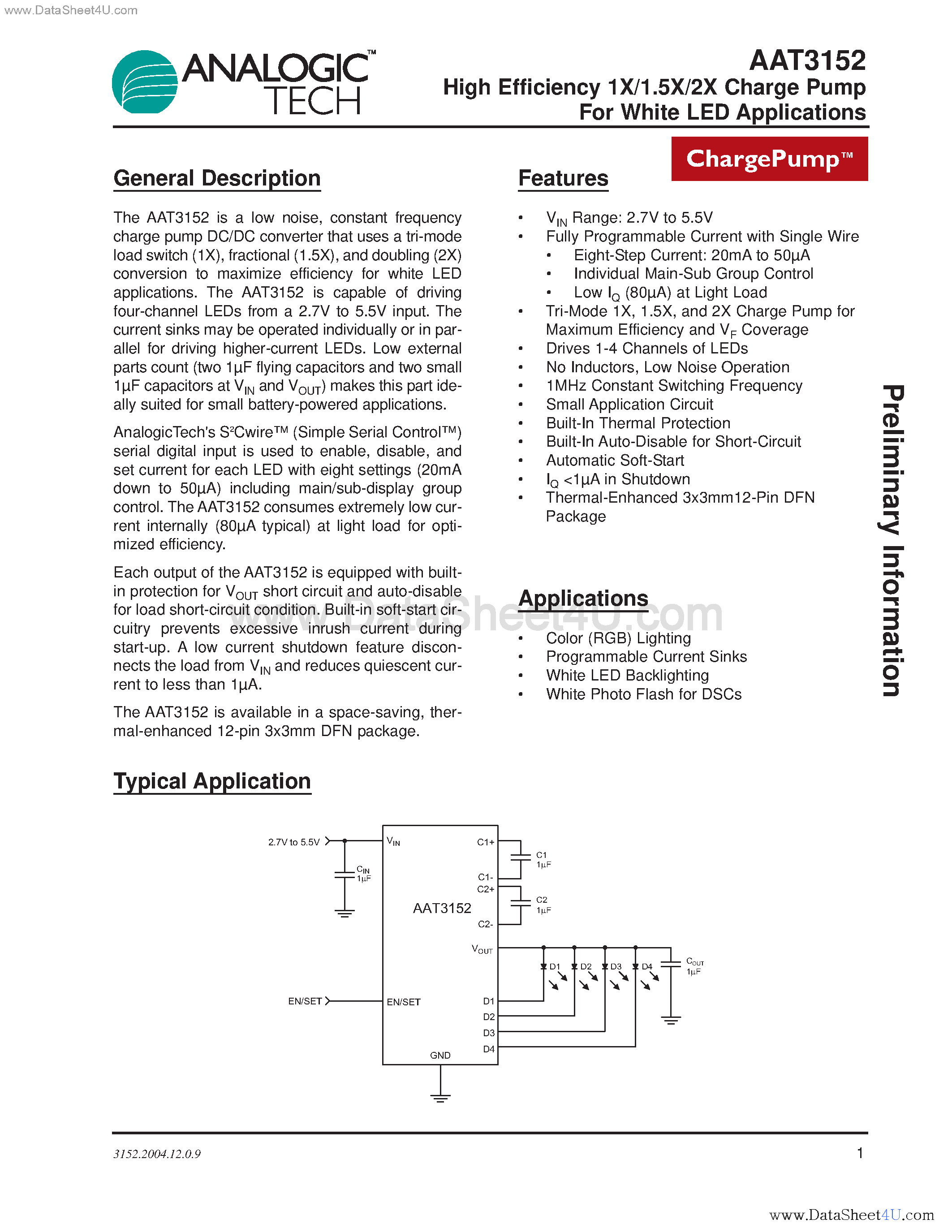 Datasheet AAT3152 - High Efficiency 1X/1.5X/2X Charge Pump For White LED Applications page 1