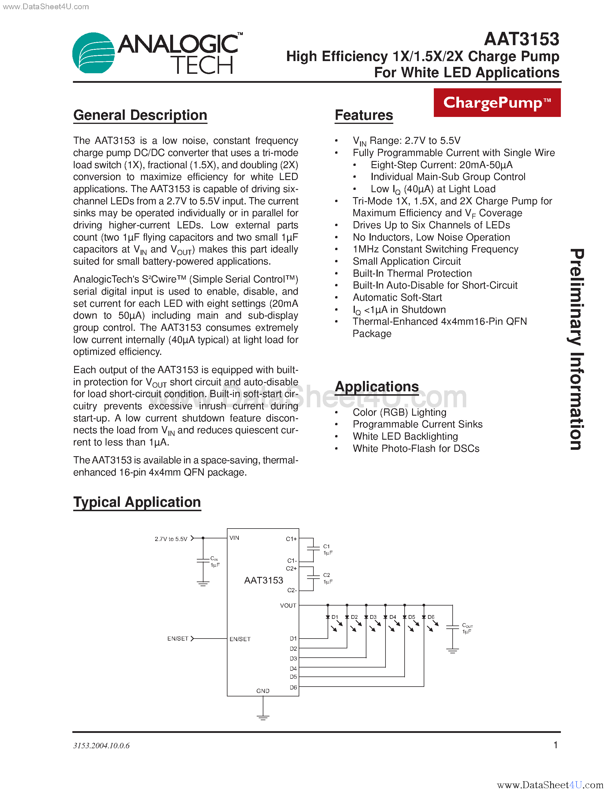 Datasheet AAT3153 - High Efficiency 1X/1.5X/2X Charge Pump For White LED Applications page 1