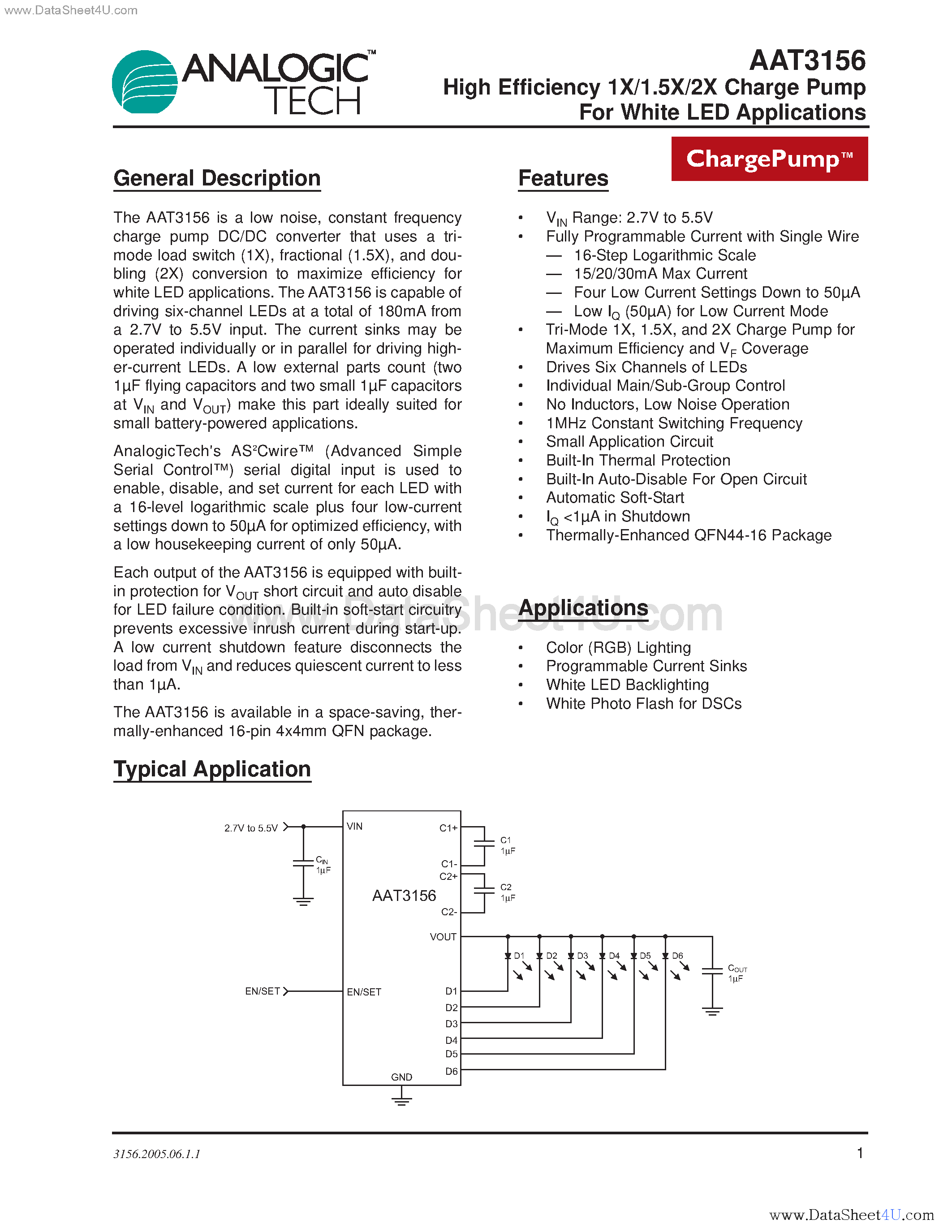 Datasheet AAT3156 - High Efficiency 1X/1.5X/2X Charge Pump For White LED Applications page 1