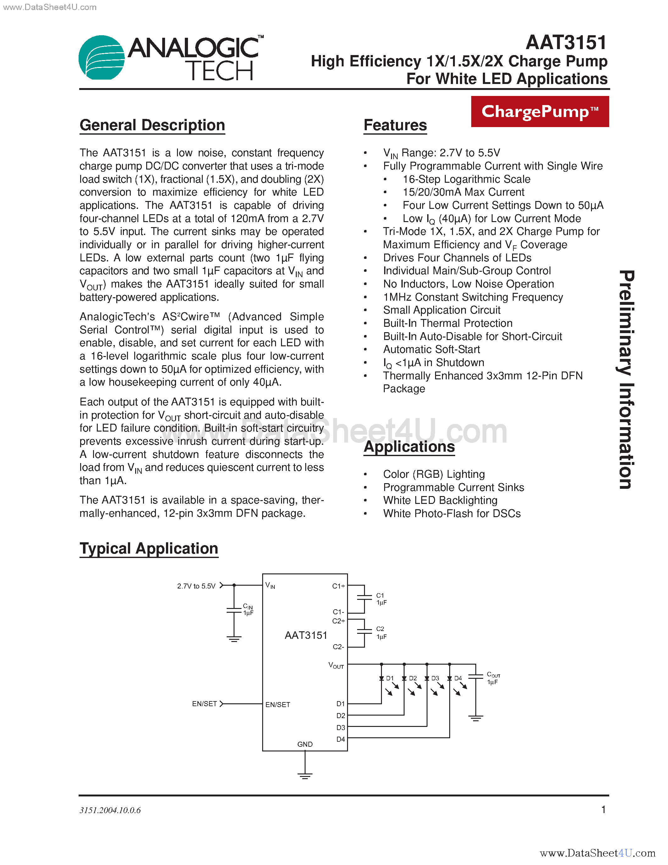 Datasheet AAT3151 - High Efficiency 1X/1.5X/2X Charge Pump For White LED Applications page 1