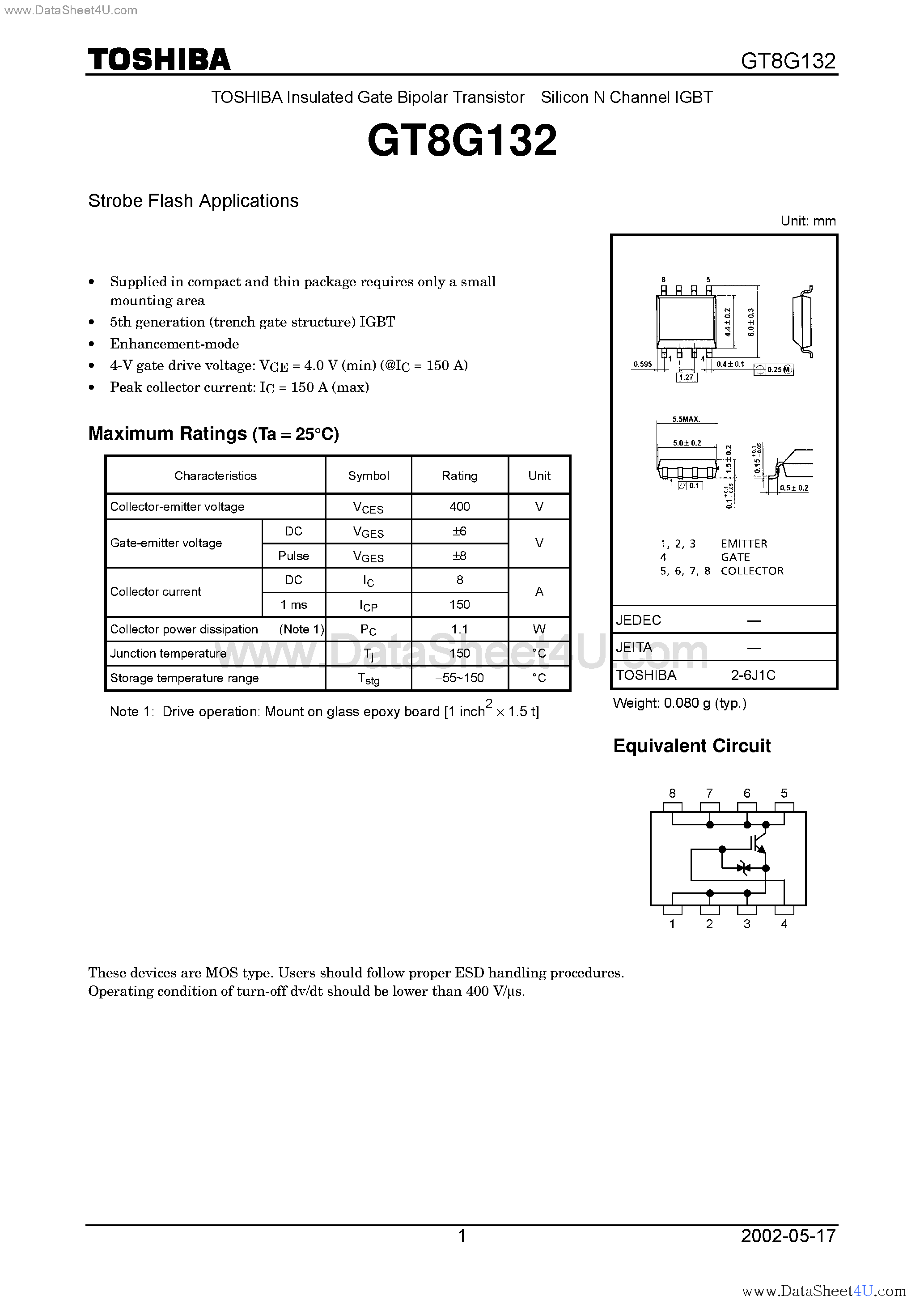 Datasheet GT8G132 page 1 Datasheet GT8G132 - TOSHIBA Insulated Gate Bipolar Transistor Silicon N Channel IGBT page 1
