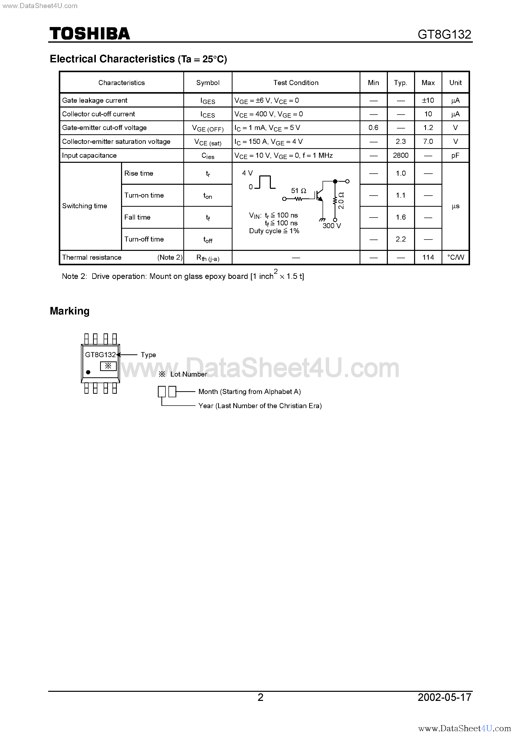 Datasheet GT8G132 page 2 Datasheet GT8G132 - TOSHIBA Insulated Gate Bipolar Transistor Silicon N Channel IGBT page 2