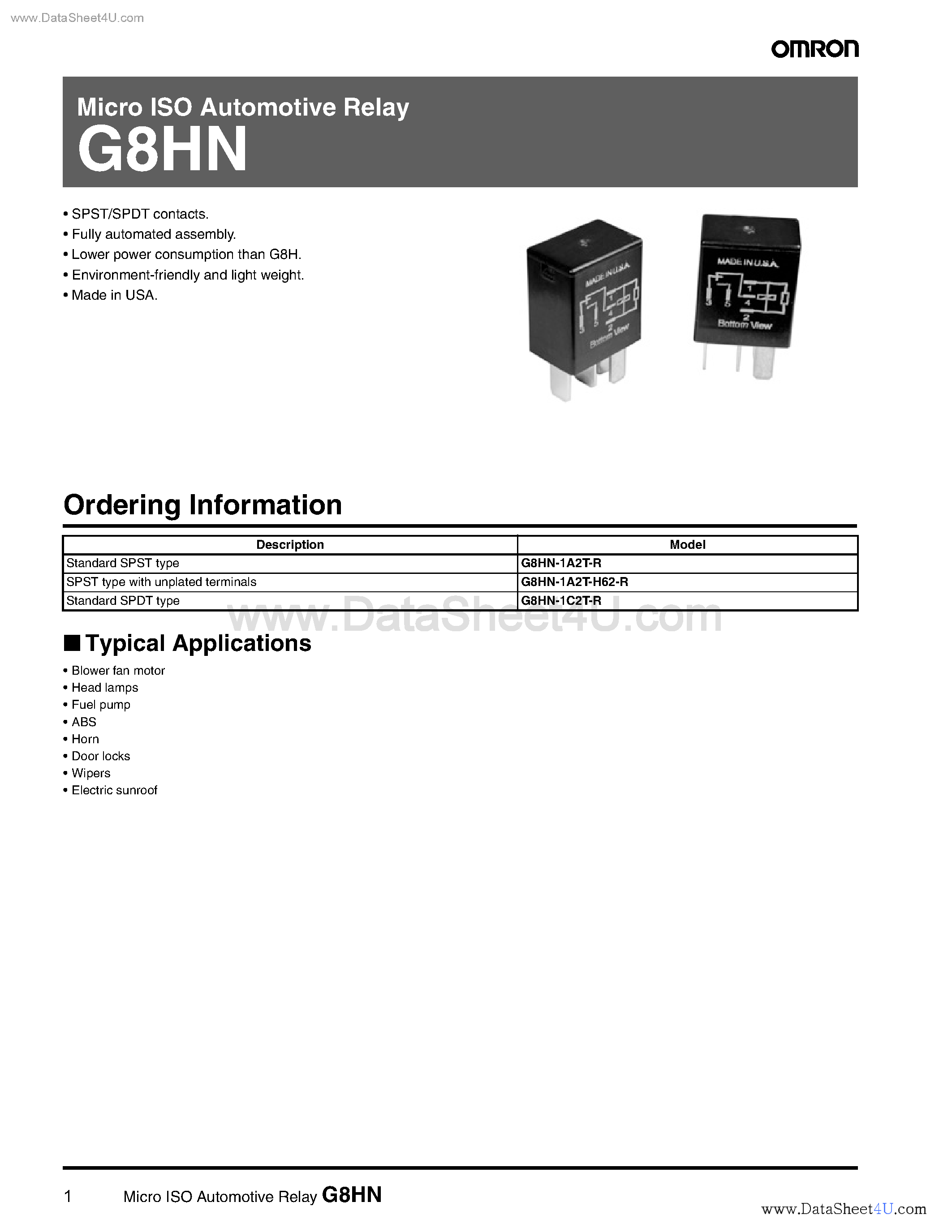 Даташит G8HN - Micro ISO Automotive Relay страница 1