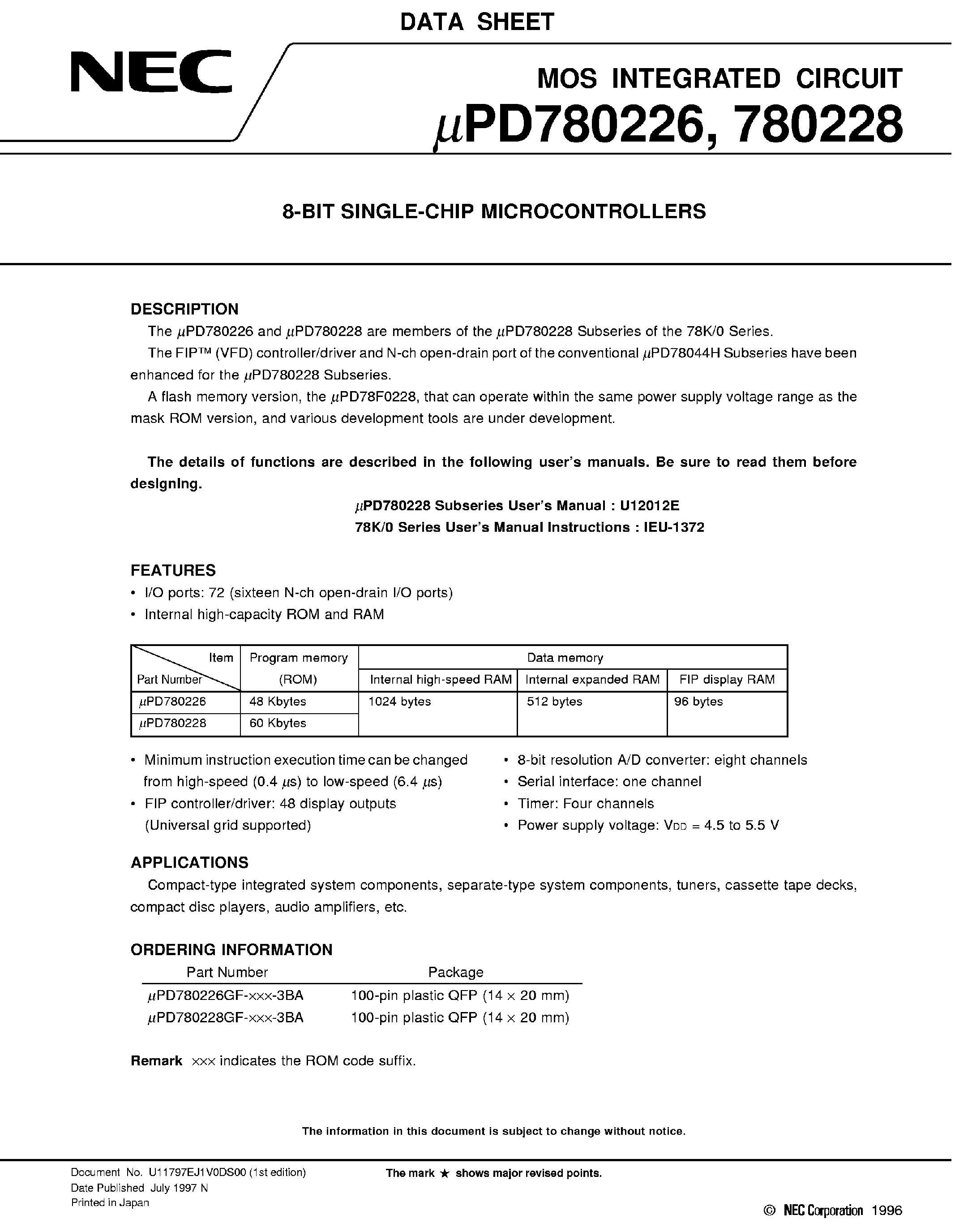 Даташит UPD780226 - (UPD780226 / UPD780228) 8 Bit Single-Chip Microcontrollers страница 1