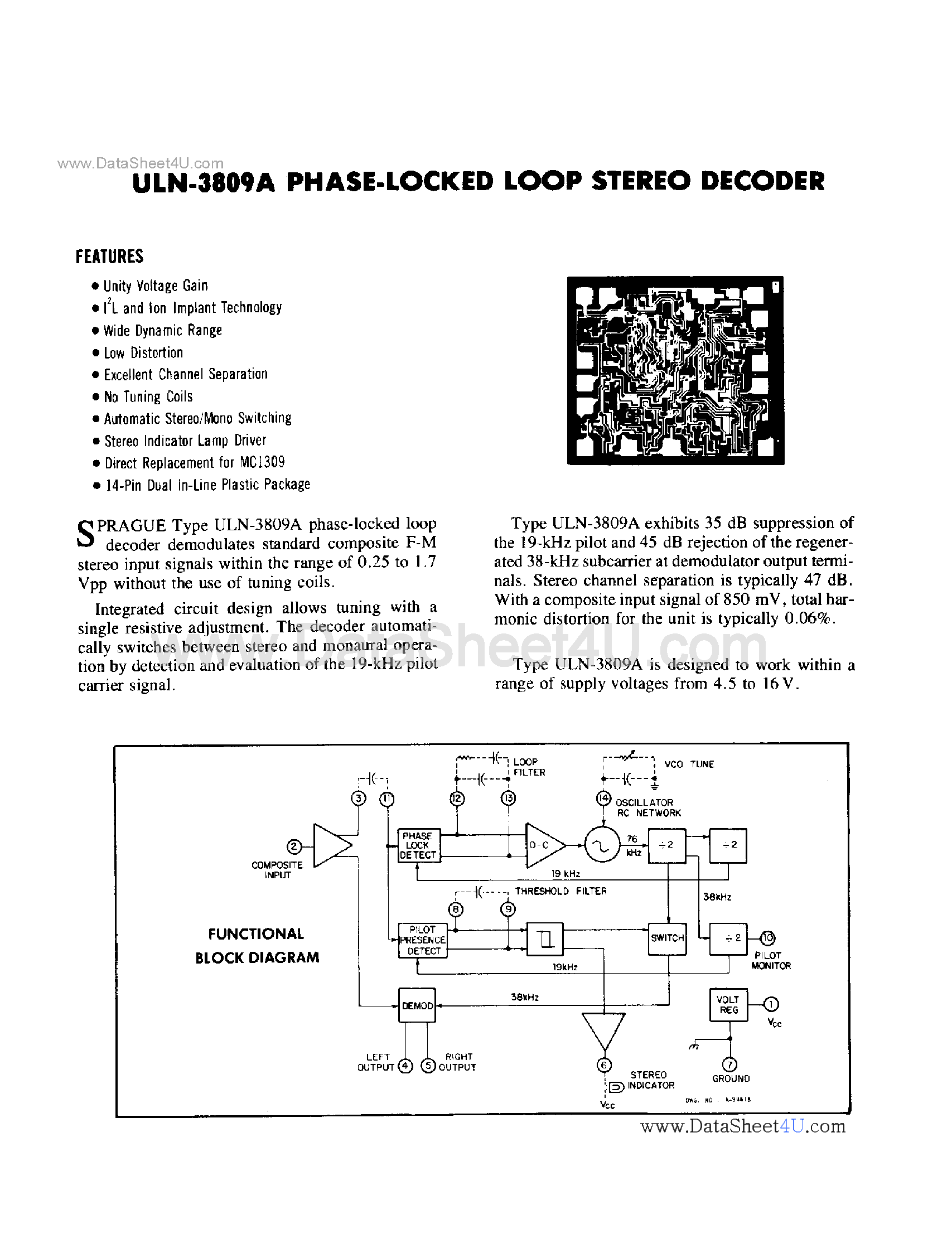 Datasheet ULN-3809A page 1 Datasheet ULN-3809A - Phase Locked Loop Stereo Decoder page 1