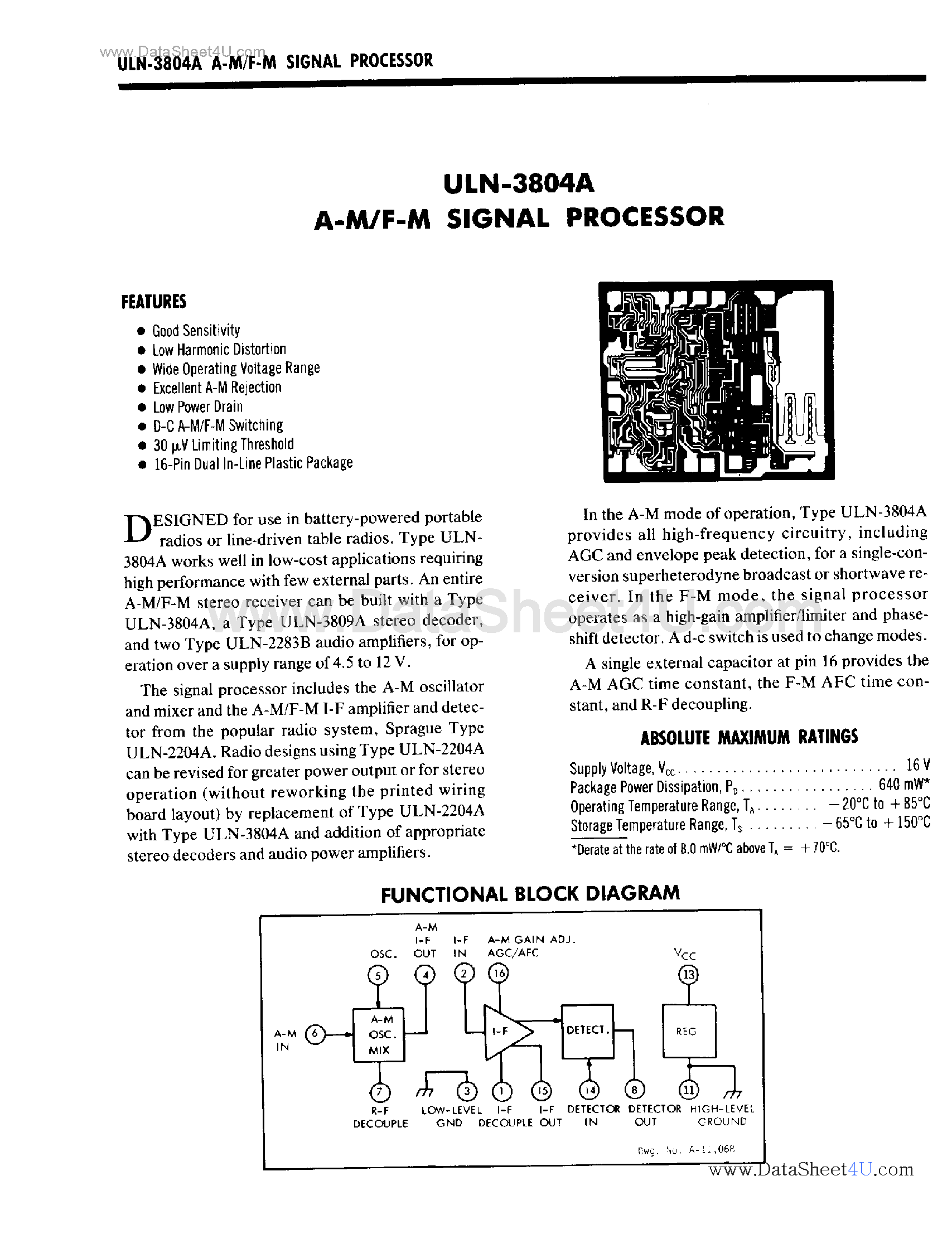 Даташит ULN-3804A - AM / FM Signal Processor страница 1