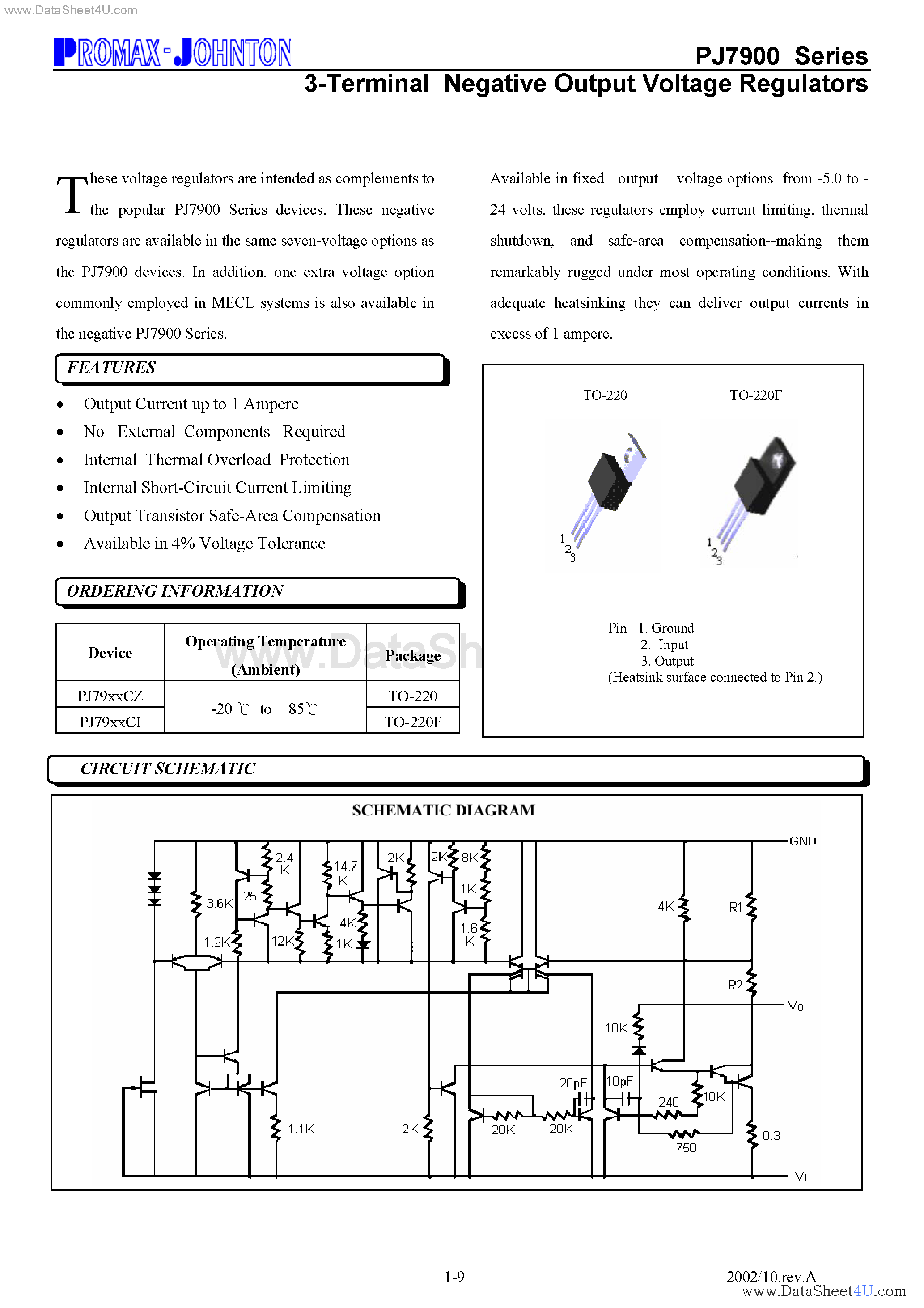 Datasheet PJ7900 - 3-Terminal Negative Output Voltage Regulators page 1