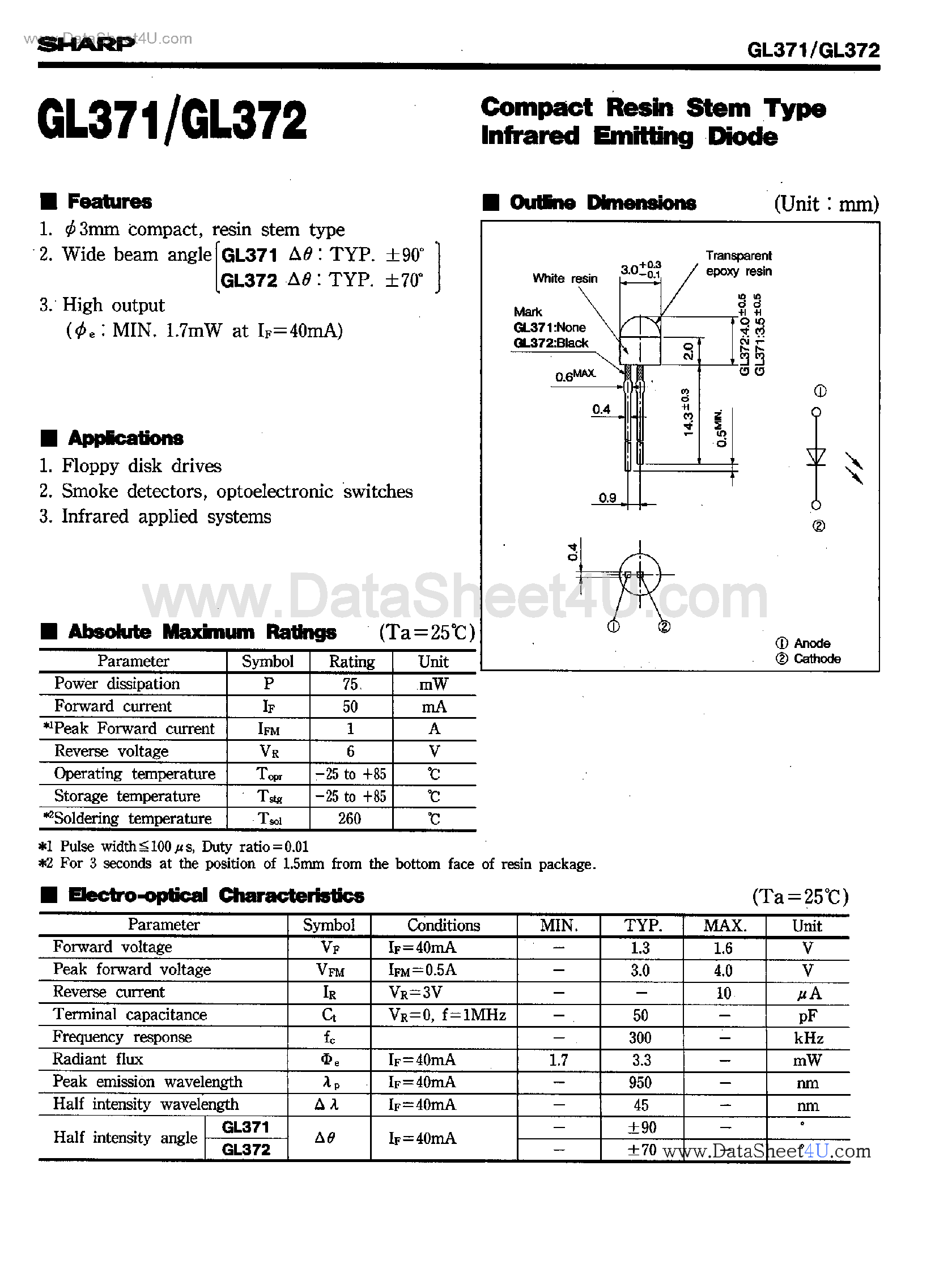 Даташит GL371 - (GL371 / GL372) Compact Resin Stem Type Infrared Emittinf Diode страница 1