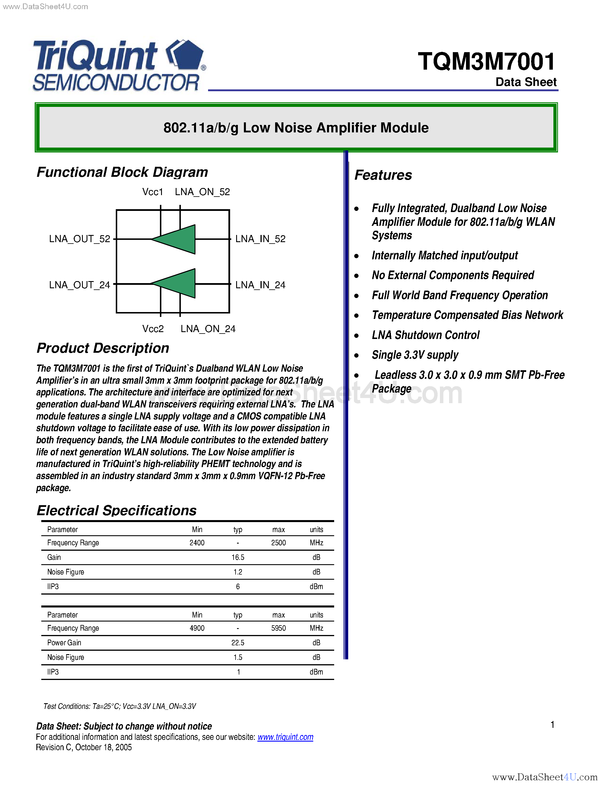 Datasheet TQM3M7001 - 802.11a/b/g Low Noise Amplifier Module page 1