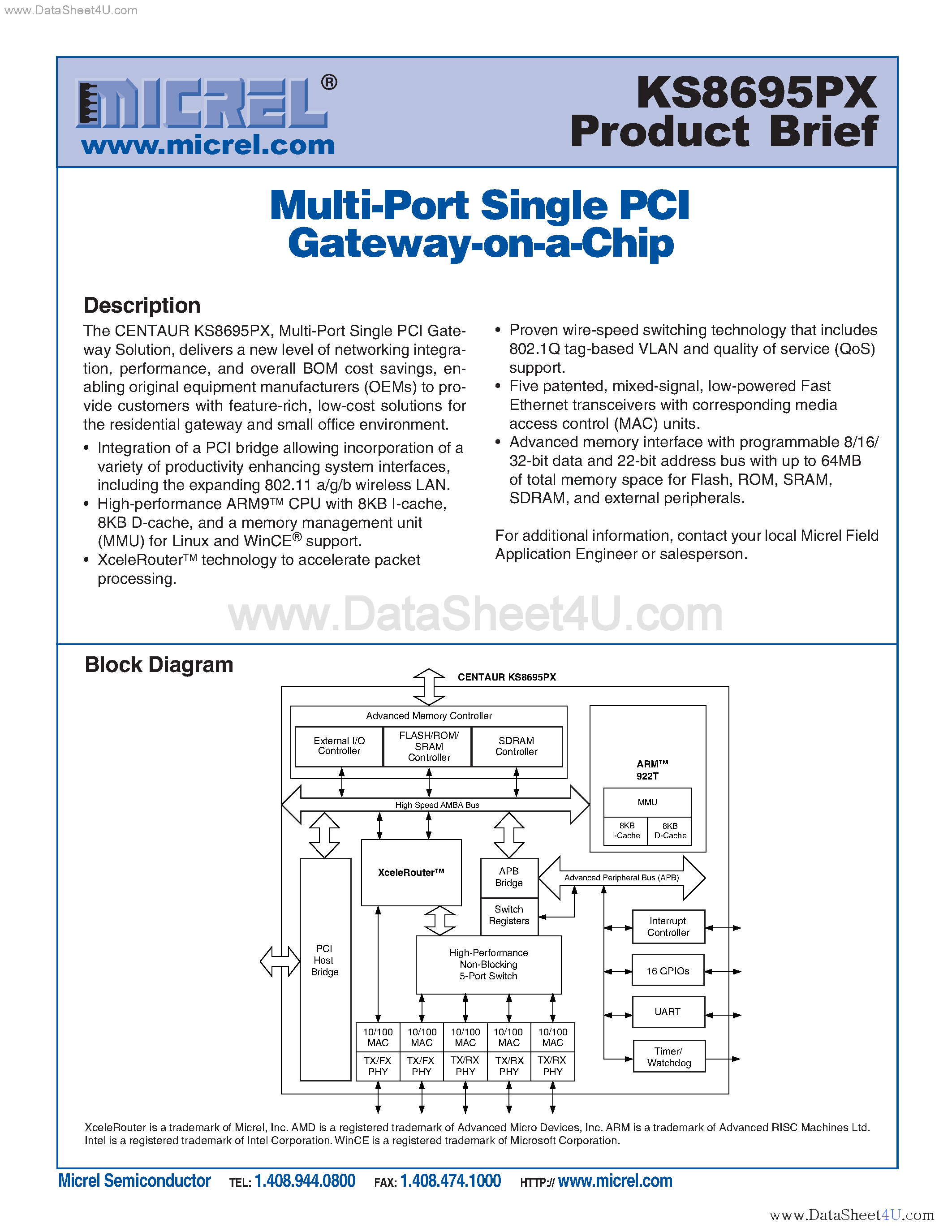 Datasheet KS8695PX - Multi Port Single PCI Gateway on a Chip page 1