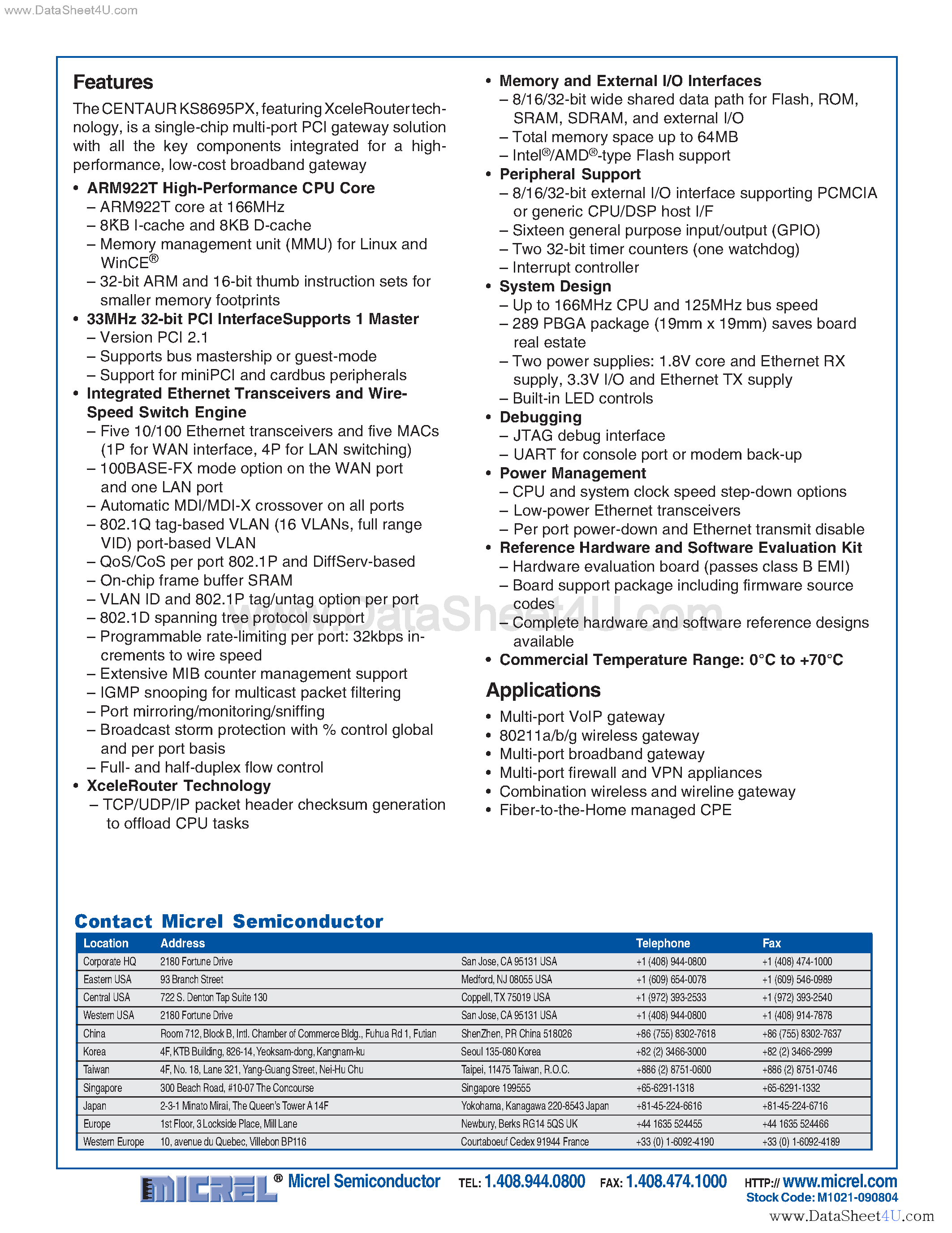 Datasheet KS8695PX - Multi Port Single PCI Gateway on a Chip page 2