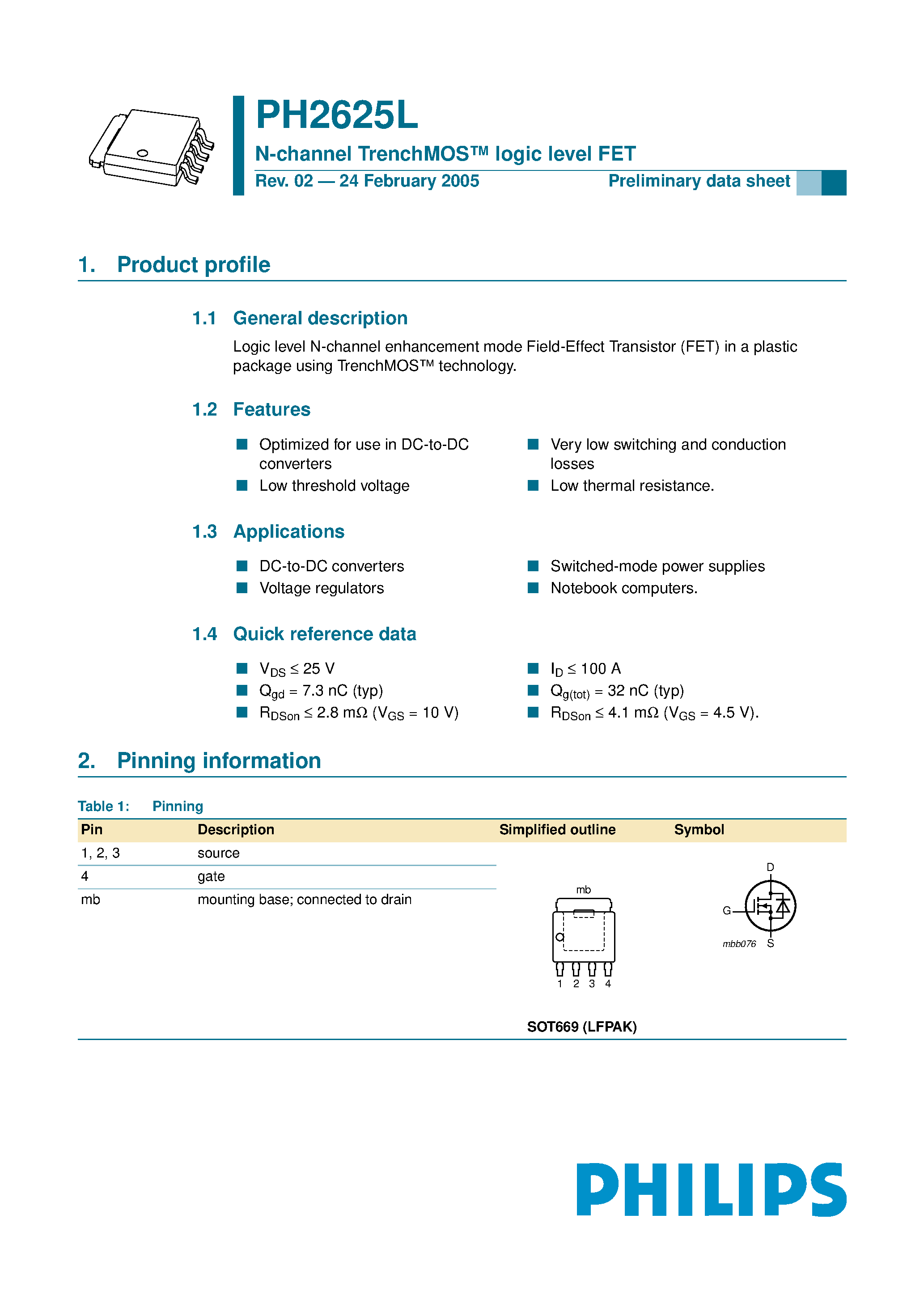 Datasheet PH2625L - N-channel TrenchMOS-TM logic level FET page 1
