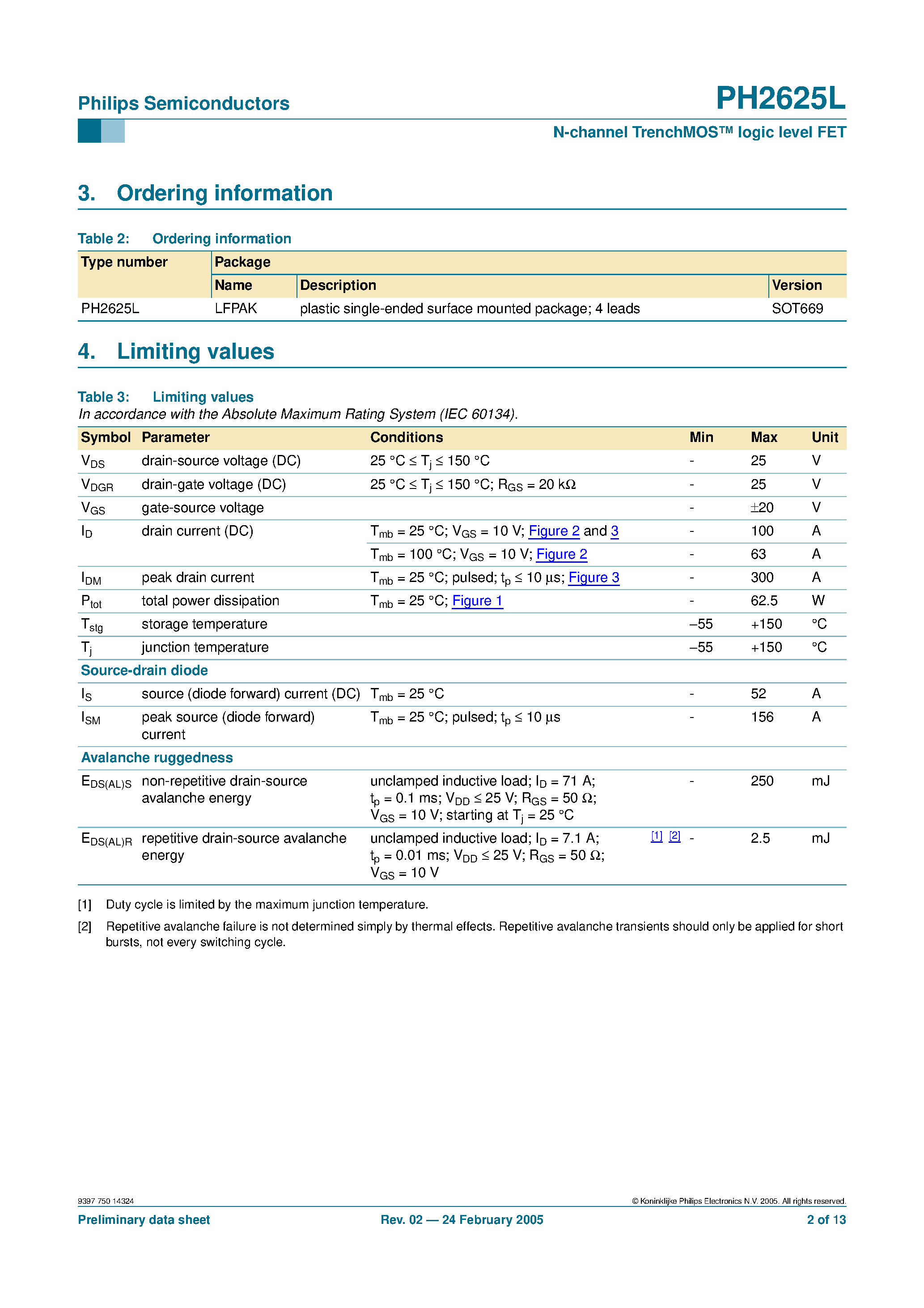 Datasheet PH2625L - N-channel TrenchMOS-TM logic level FET page 2