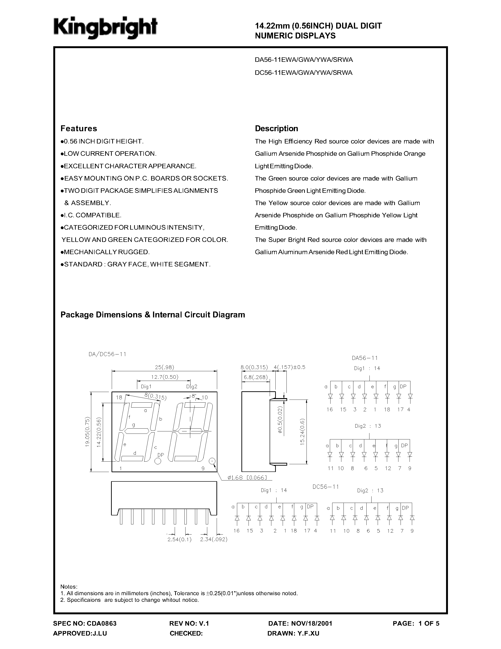 Datasheet DA56-11xxx - 14.22mm (0.56INCH) DUAL DIGIT page 1
