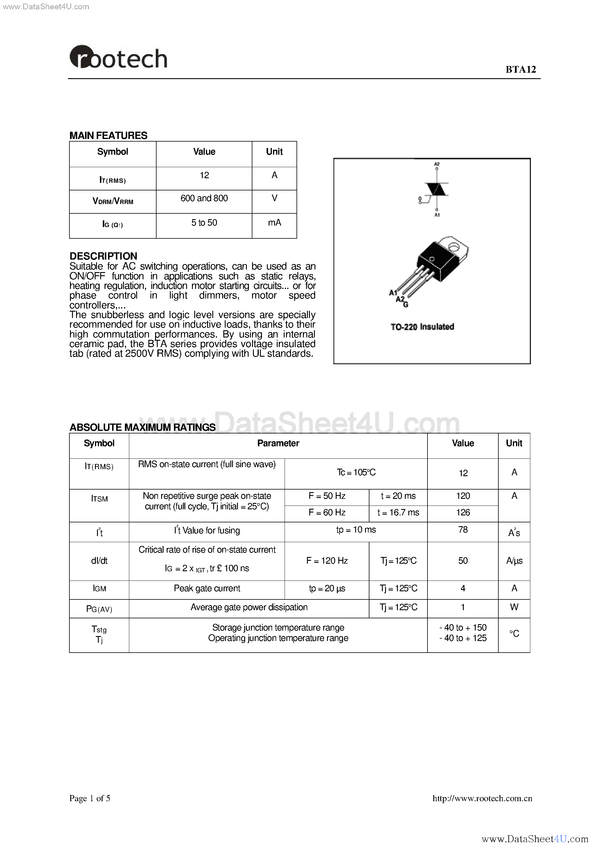 Даташит BTA12 - TRIAC страница 1