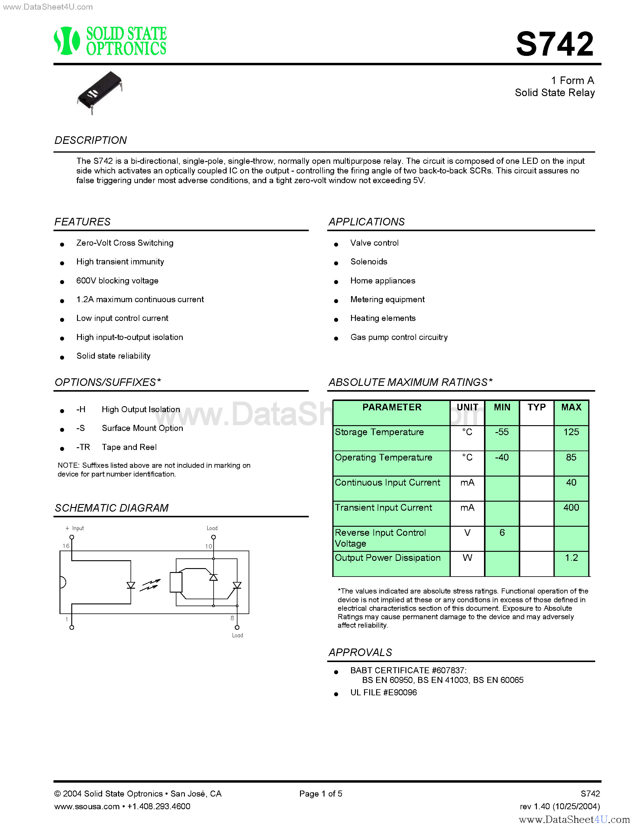 Datasheet S742 page 1 Datasheet S742 - 1 Form A Solid State Relay page 1