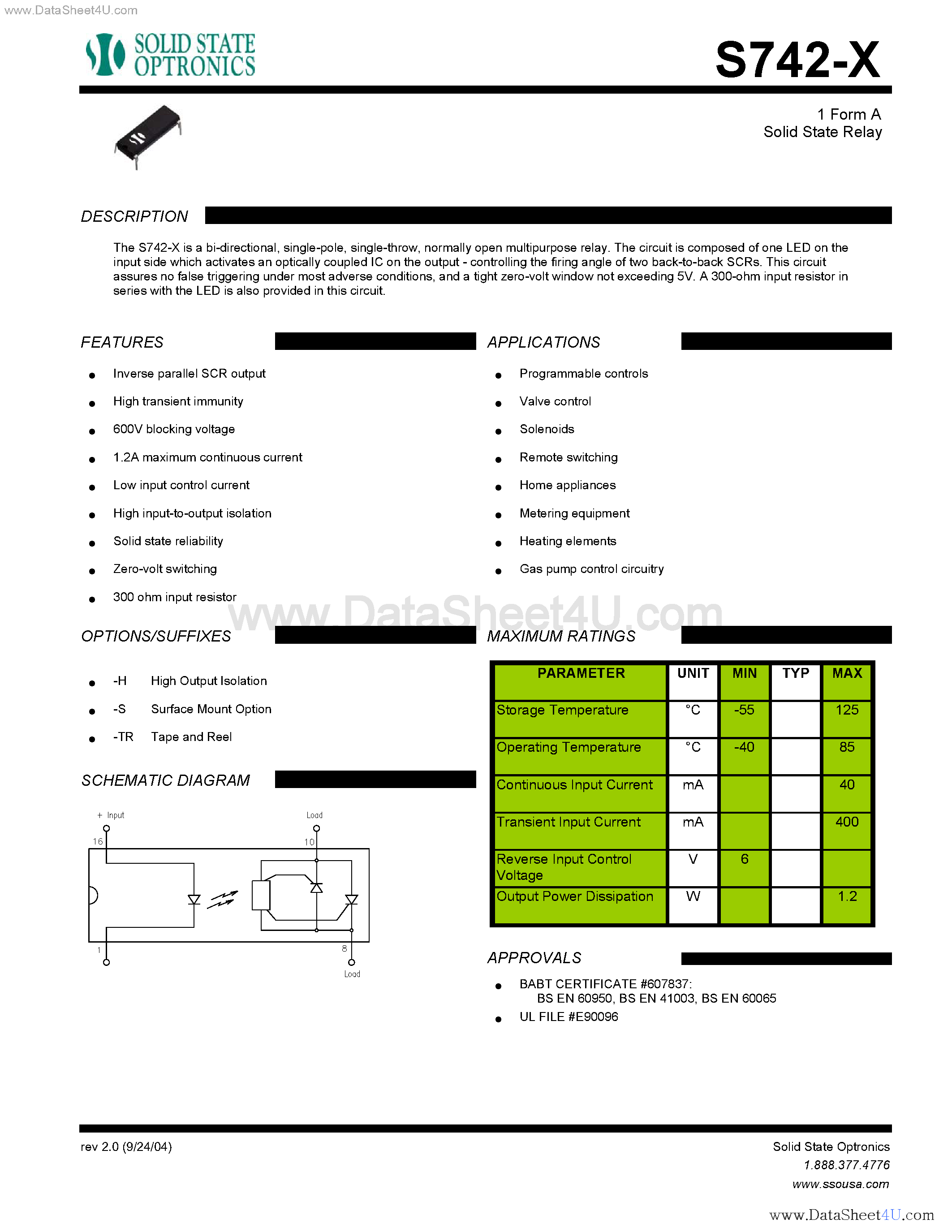 Даташит S742-X - 1 Form A Solid State Relay страница 1