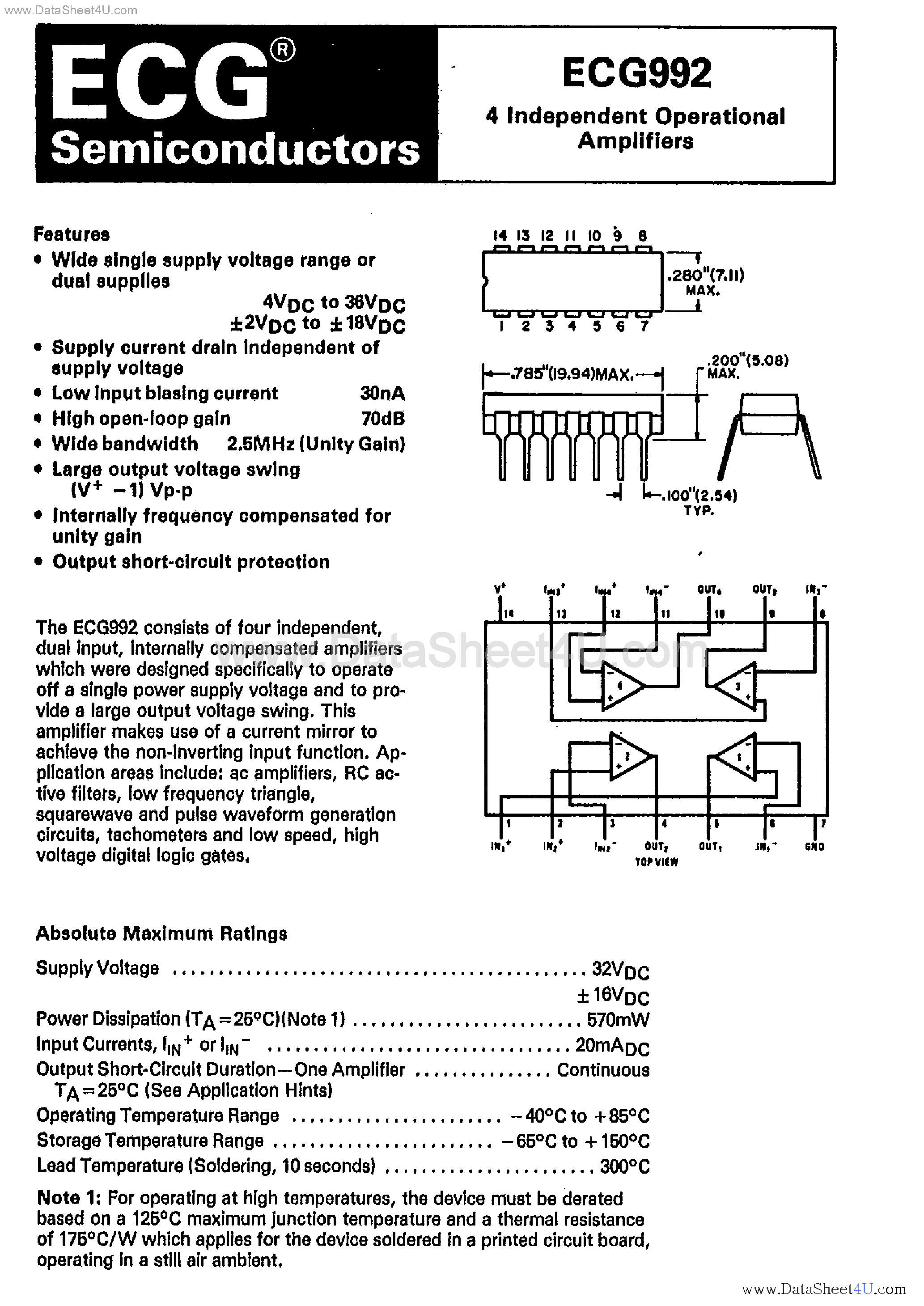 Даташит на микросхему ECG992 страница 1 Даташит ECG992 - 4 Independent Operational Amplifier страница 1