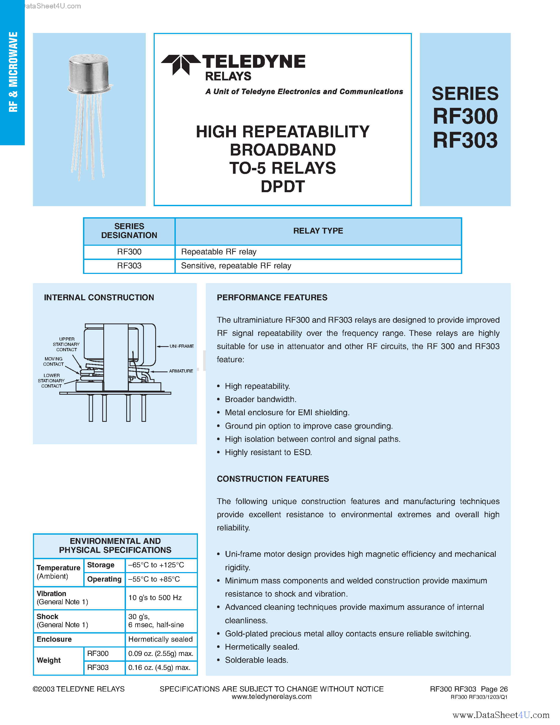 Datasheet RF300 - (RF300 / RF303) HIGH REPEATABILITY BROADBAND TO-5 RELAYS DPDT page 1