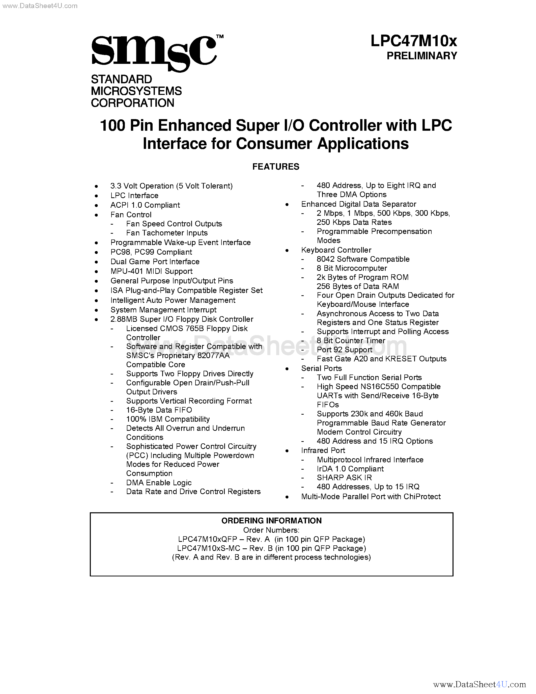 Datasheet LPC47M10x - 100 Pin Enhanced Super I/O Controller page 1