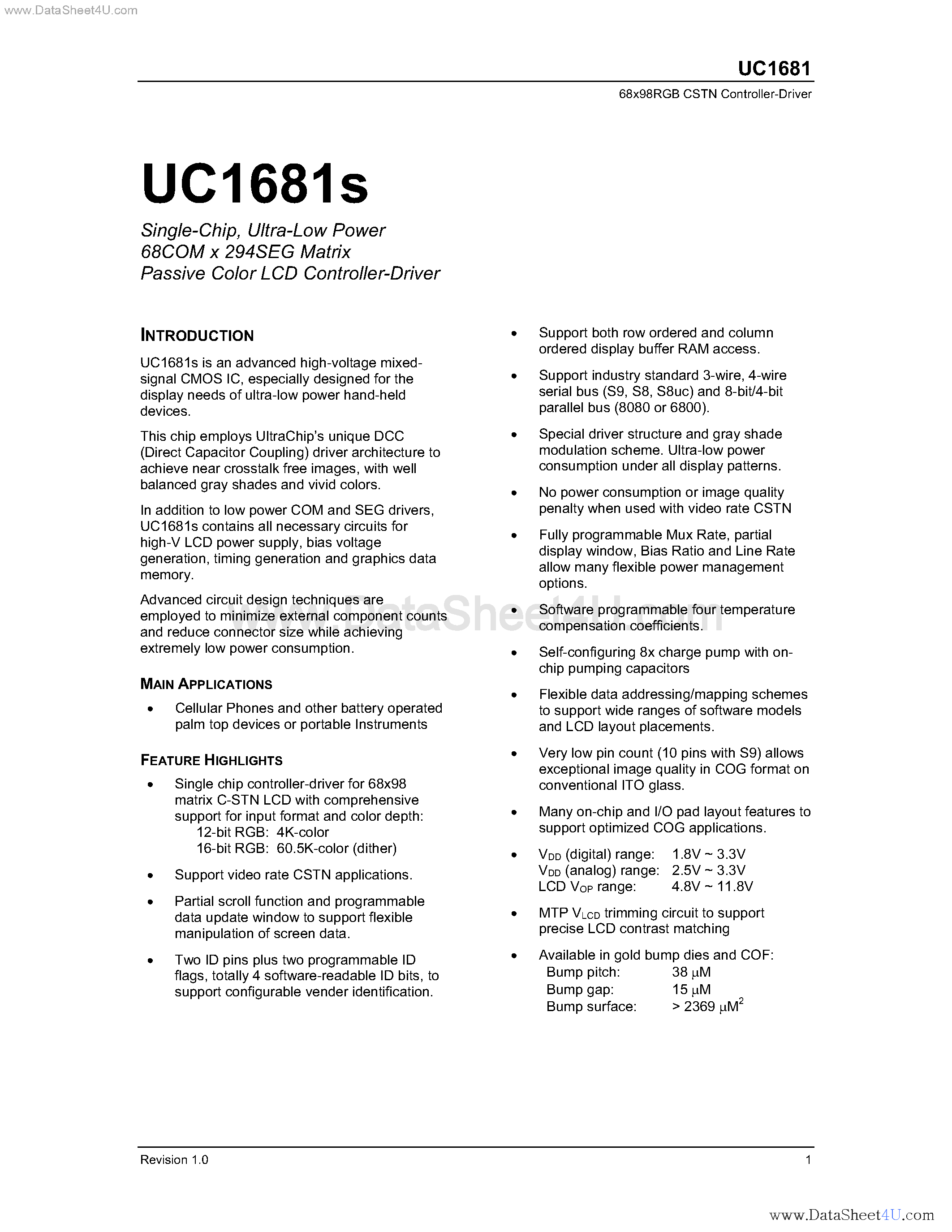 Datasheet UC1681S - Single Chip Ultra Low Power Passive Color LCD Controller Driver page 1