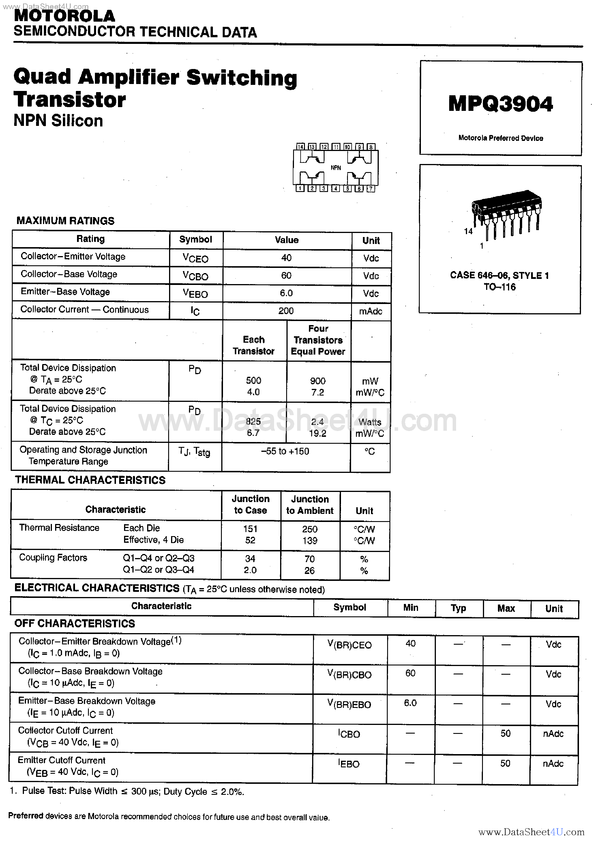 Datasheet MPQ3904 page 1 Datasheet MPQ3904 - Quad Amplifier Switching Transistor page 1