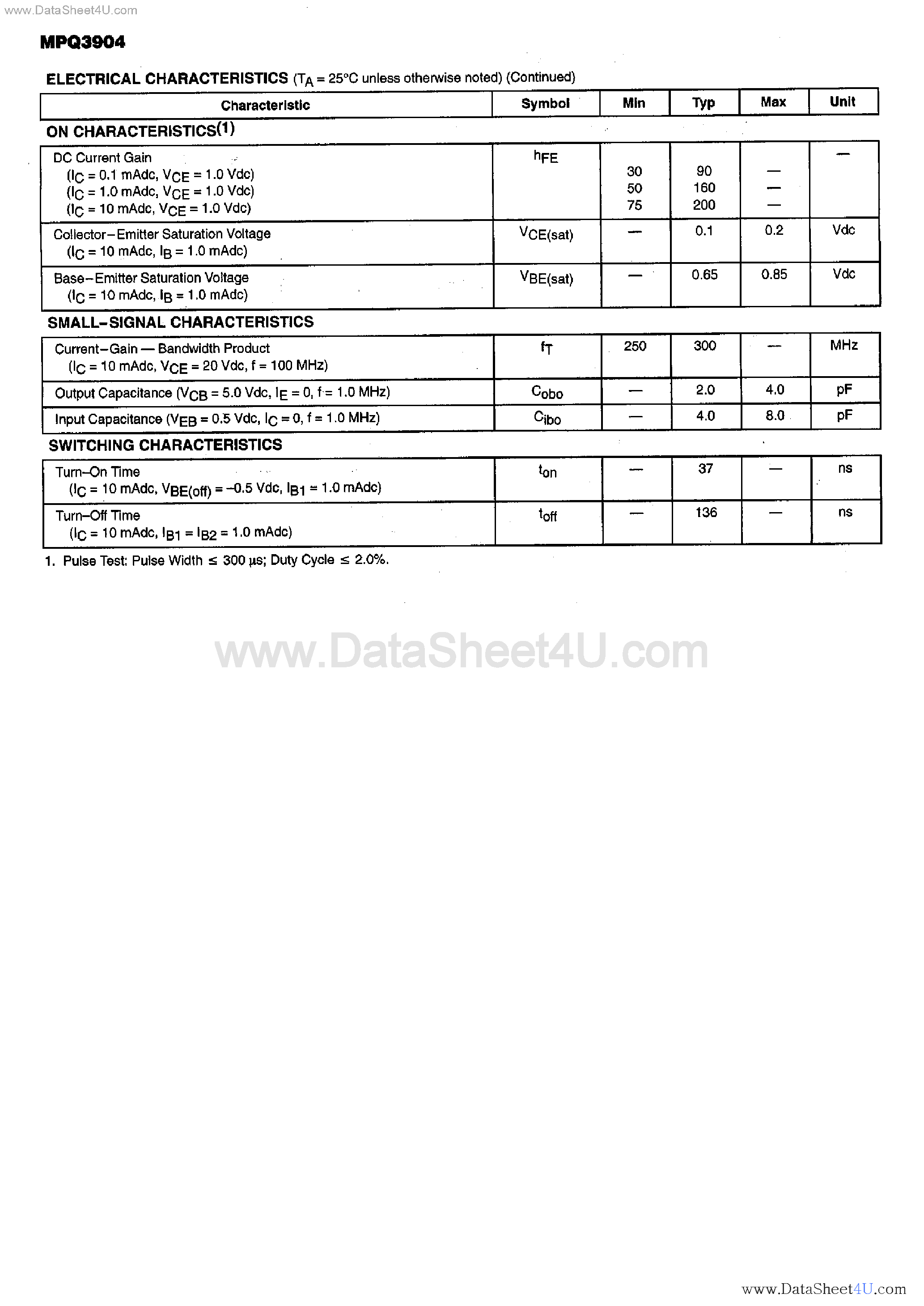 Datasheet MPQ3904 page 2 Datasheet MPQ3904 - Quad Amplifier Switching Transistor page 2