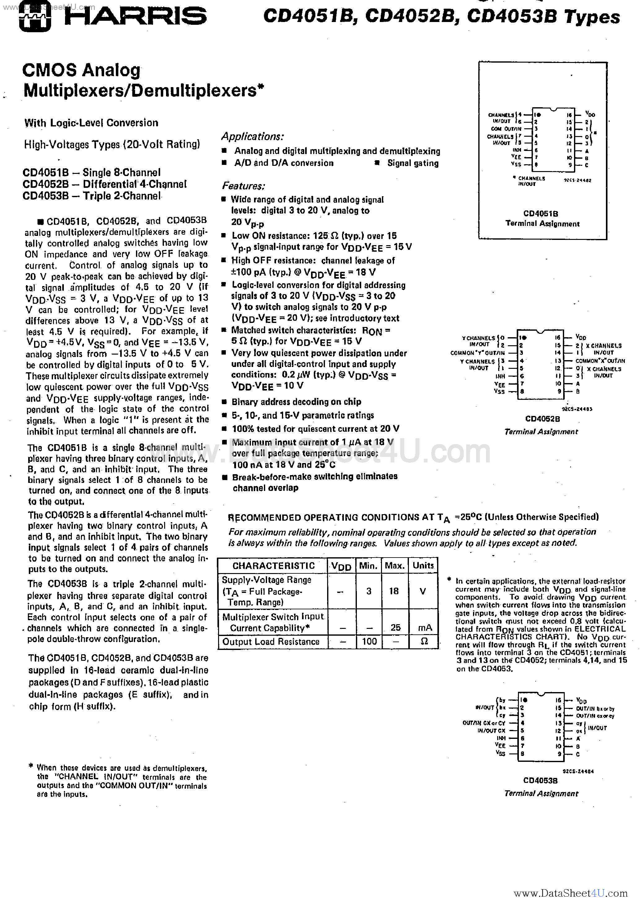 Datasheet CD4051B page 1 Datasheet CD4051B - (CD4051BE - CD4053BE) CMOS Analog Multiplexers / Demultiplexers page 1