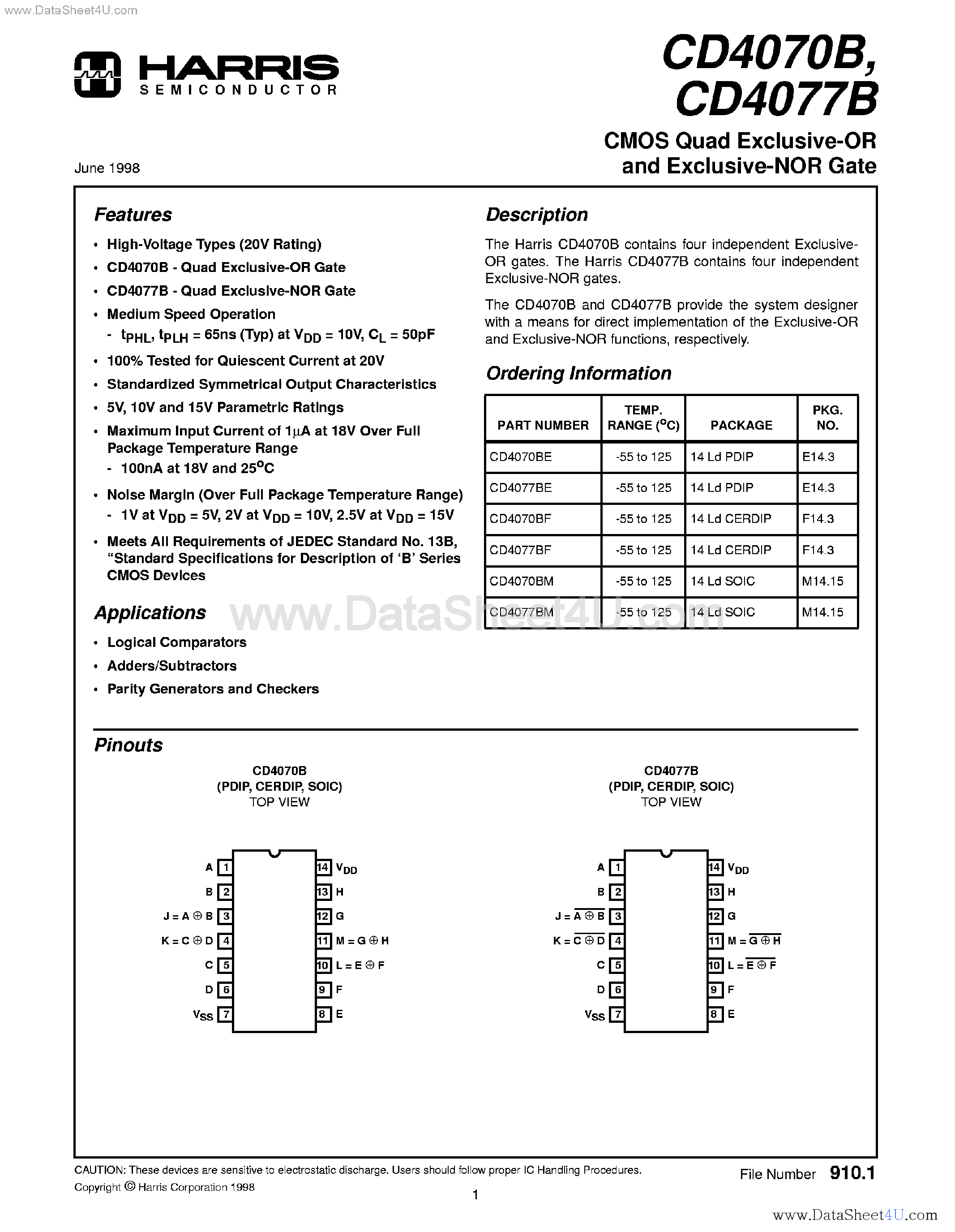 Datasheet CD4070B - (CD4070B / CD4077B) CMOS Quad Exclusive OR and Exclusive NOR Gate page 1