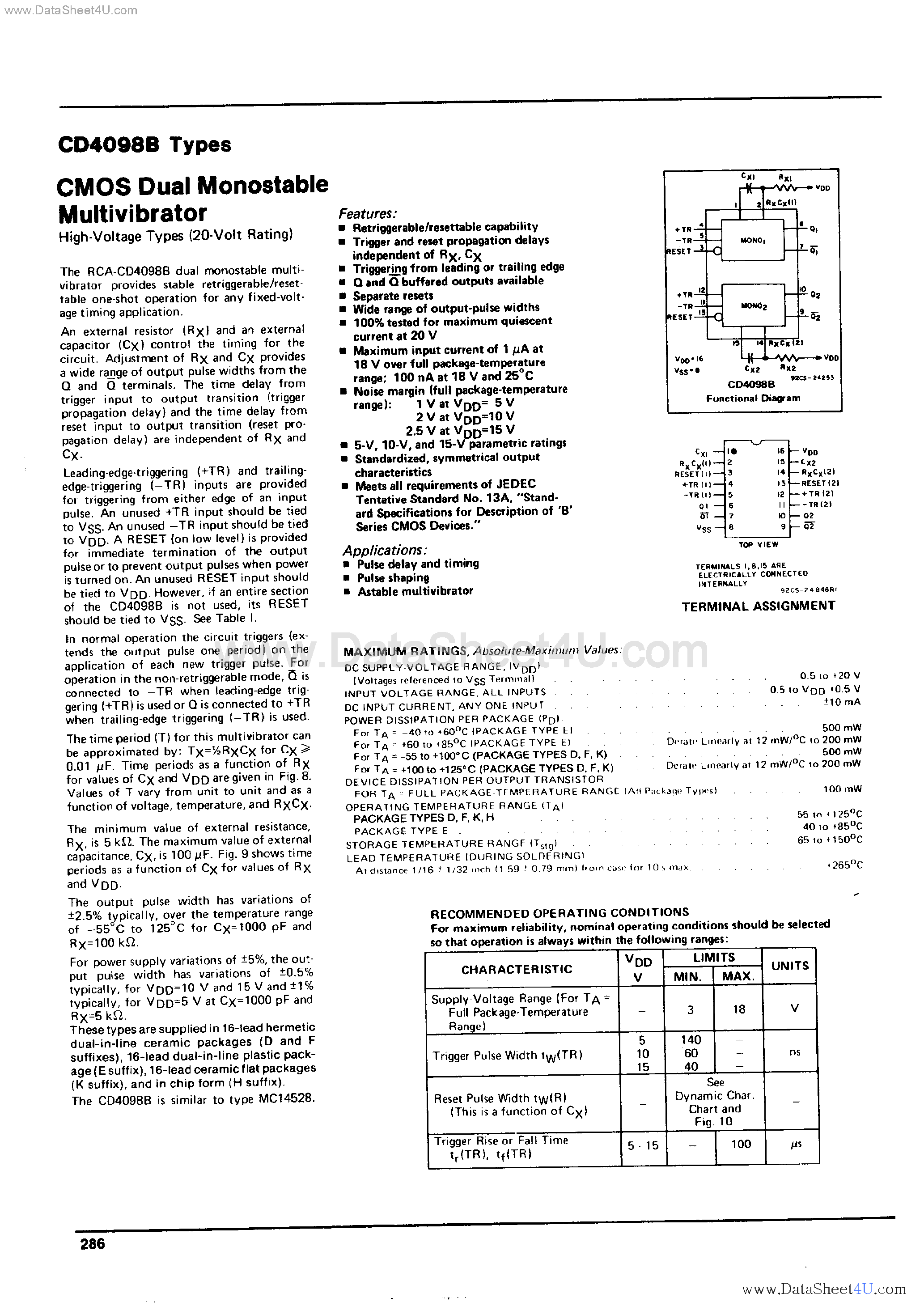 Даташит CD4098B - CMOS Dual Monostable Multivibrator страница 1