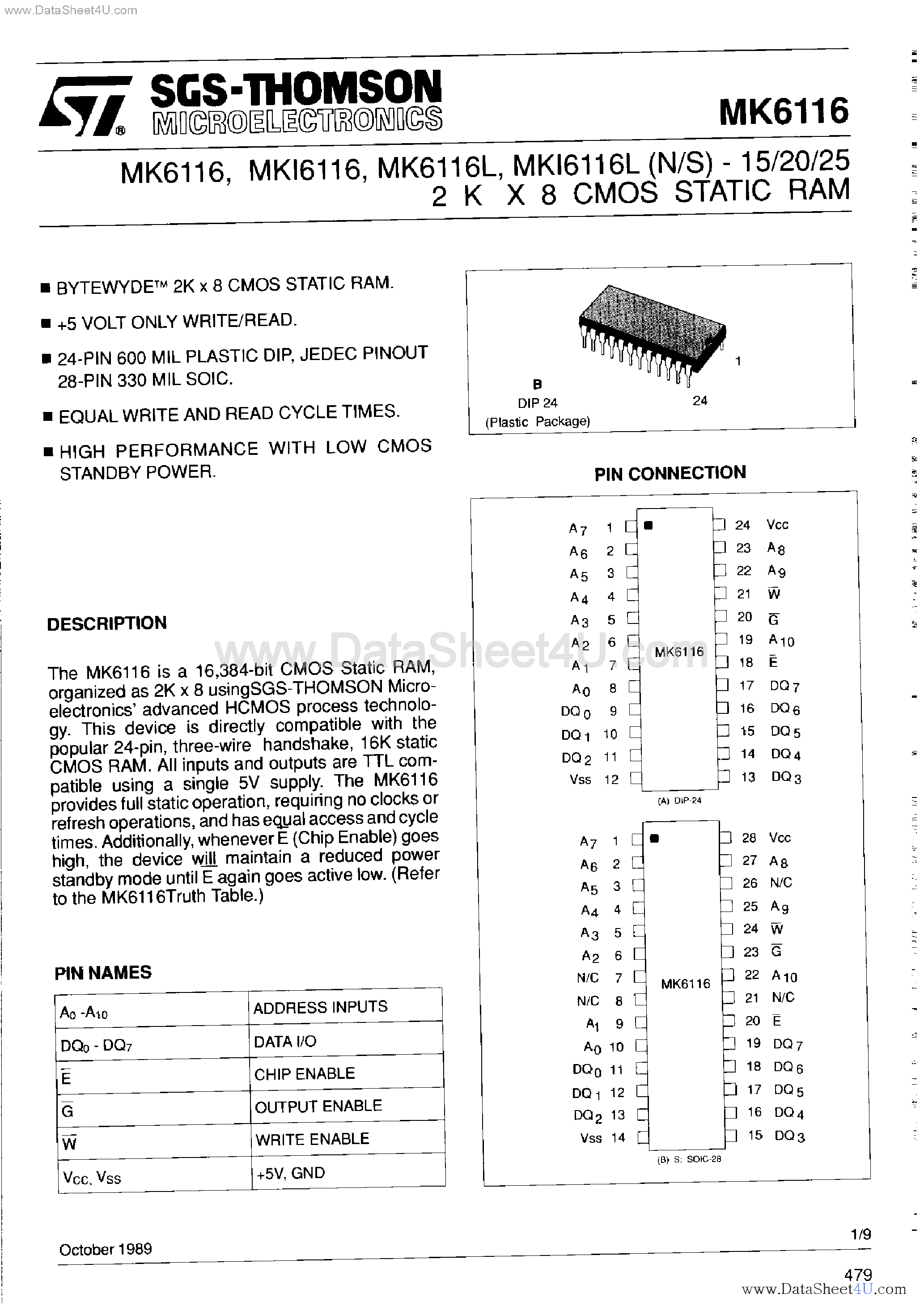 Даташит MK6116 - CMOS Static RAM страница 1