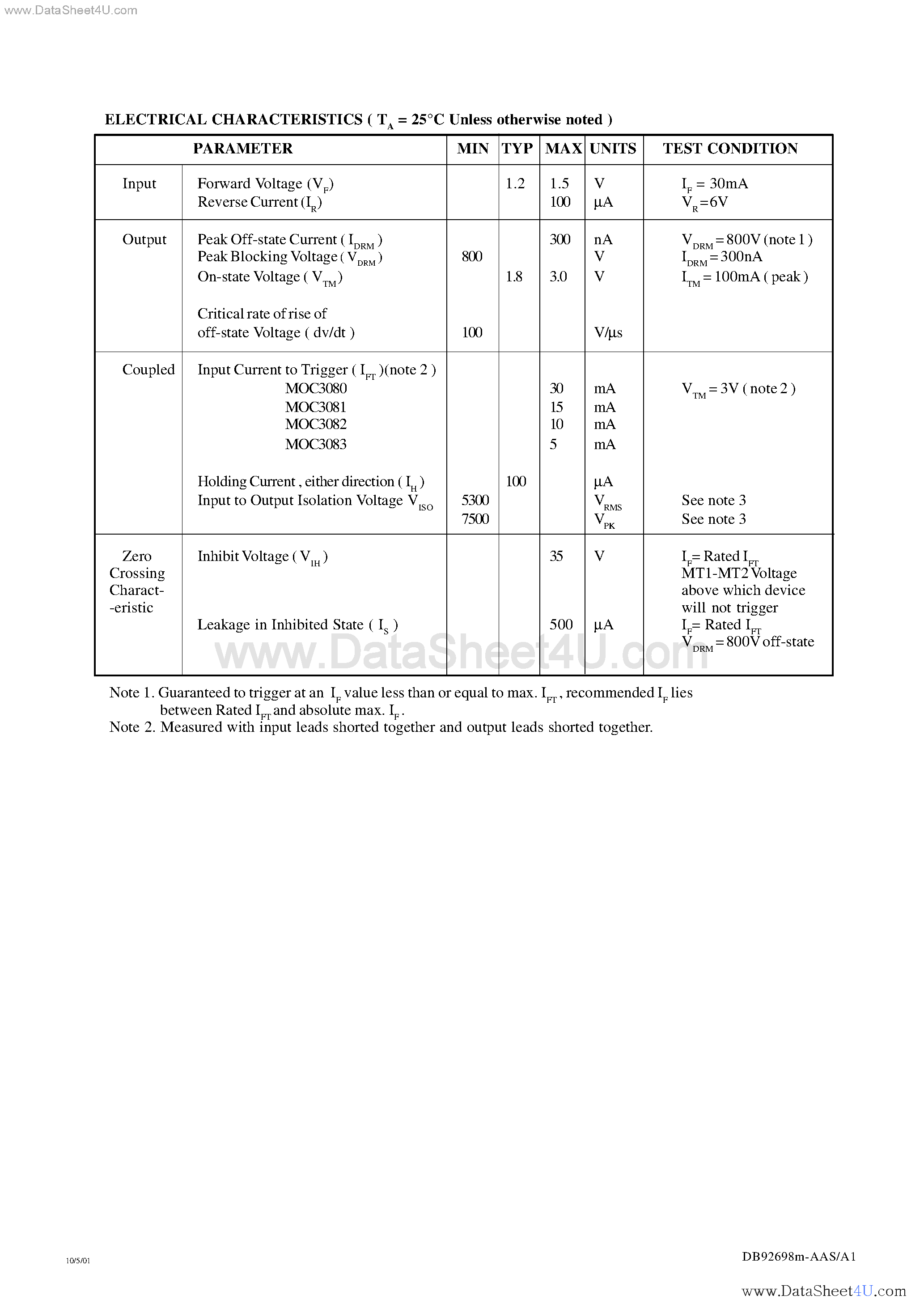 Datasheet MOC3080 - (MOC3080 -MOC3083) OPTICALLY COUPLED BILATERAL SWITCH LIGHT ACTIVATED ZERO VOLTAGE CROSSING TRIAC page 2