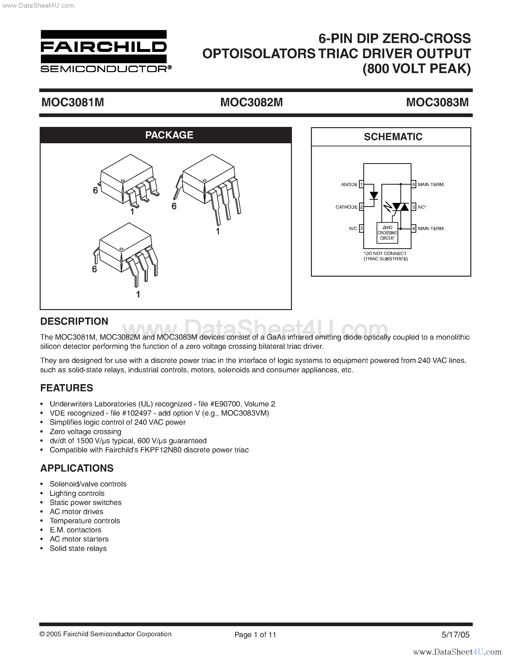 Datasheet MOC3081M - (MOC3081M - MOC3083M) 6-Pin DIP Zero-C Cross Optoisolators Triac Driver Output page 1