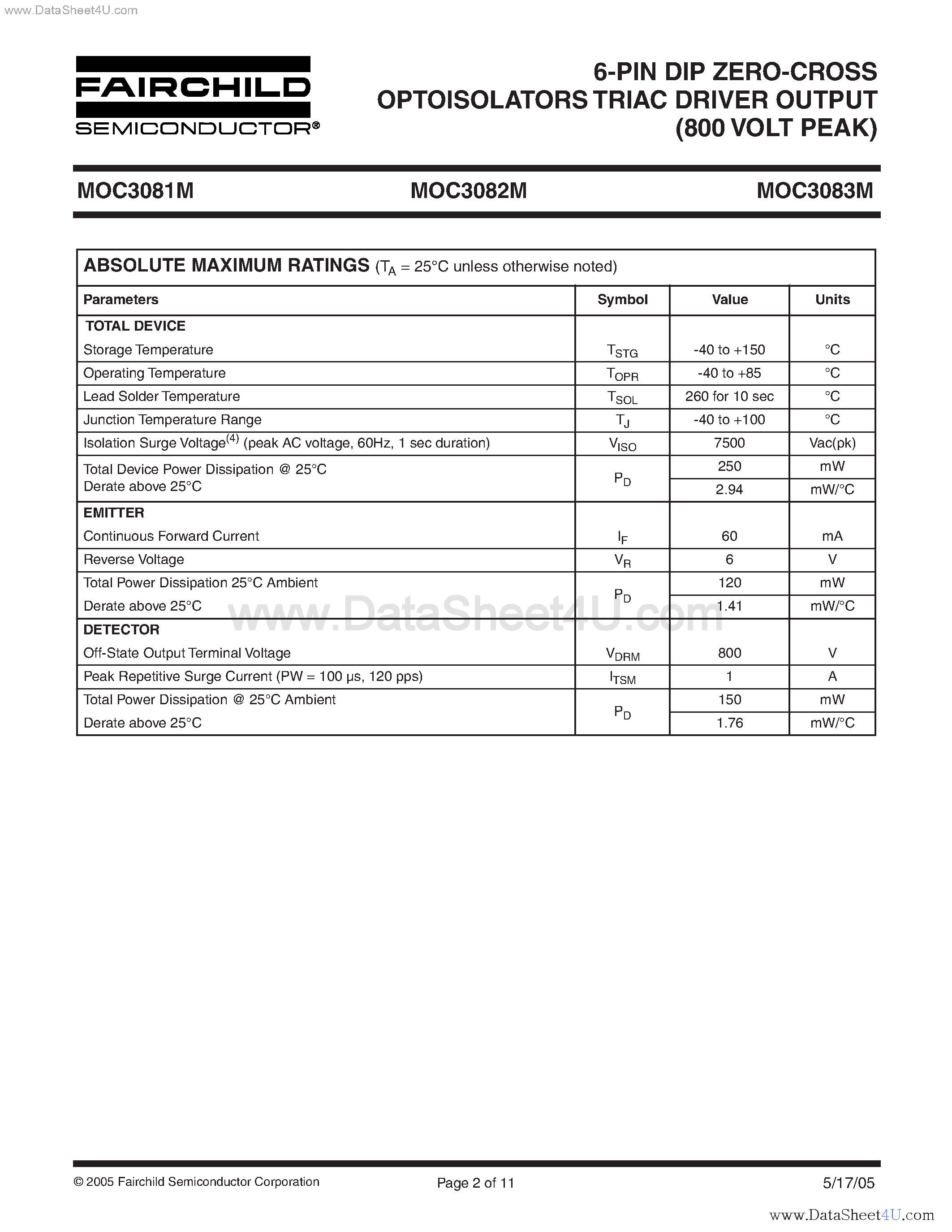 Datasheet MOC3081M - (MOC3081M - MOC3083M) 6-Pin DIP Zero-C Cross Optoisolators Triac Driver Output page 2