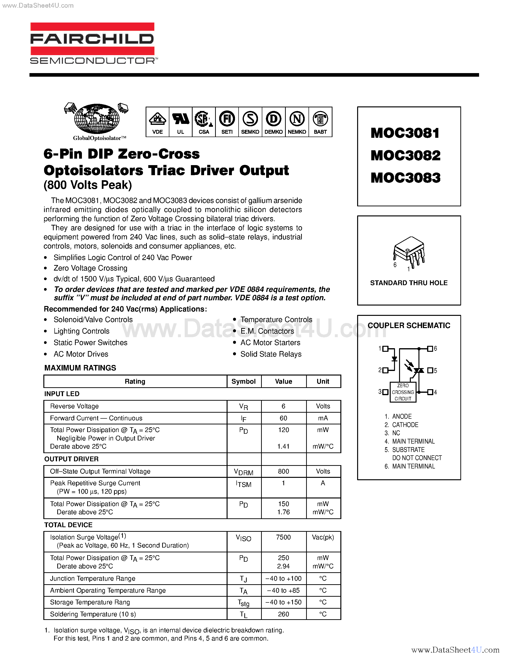 Datasheet MOC3081 - (MOC3081 - MOC3083) 6-Pin DIP Zero-C Cross Optoisolators Triac Driver Output page 1